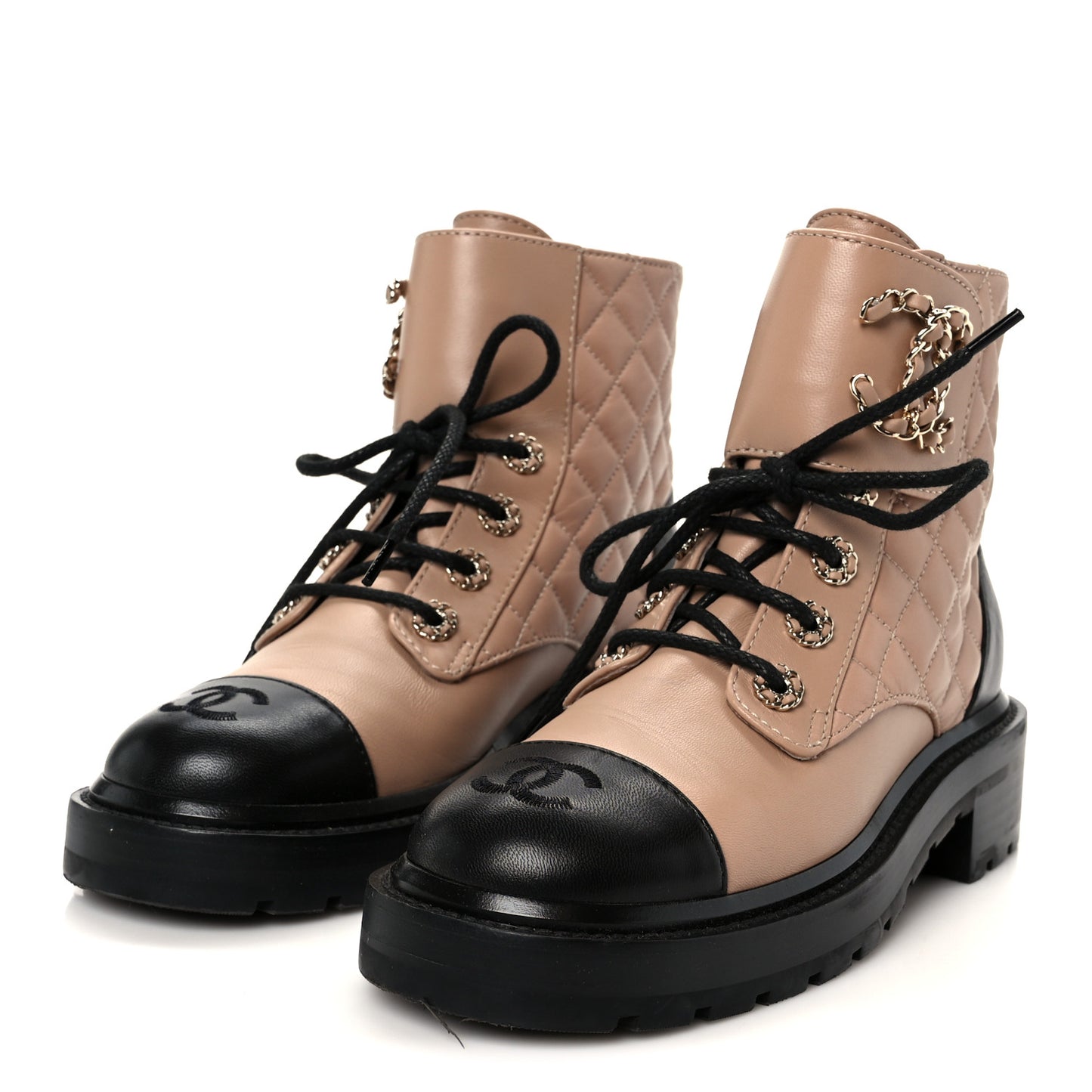 Shiny Lambskin Quilted Lace Up Combat Boots 36 Beige Black