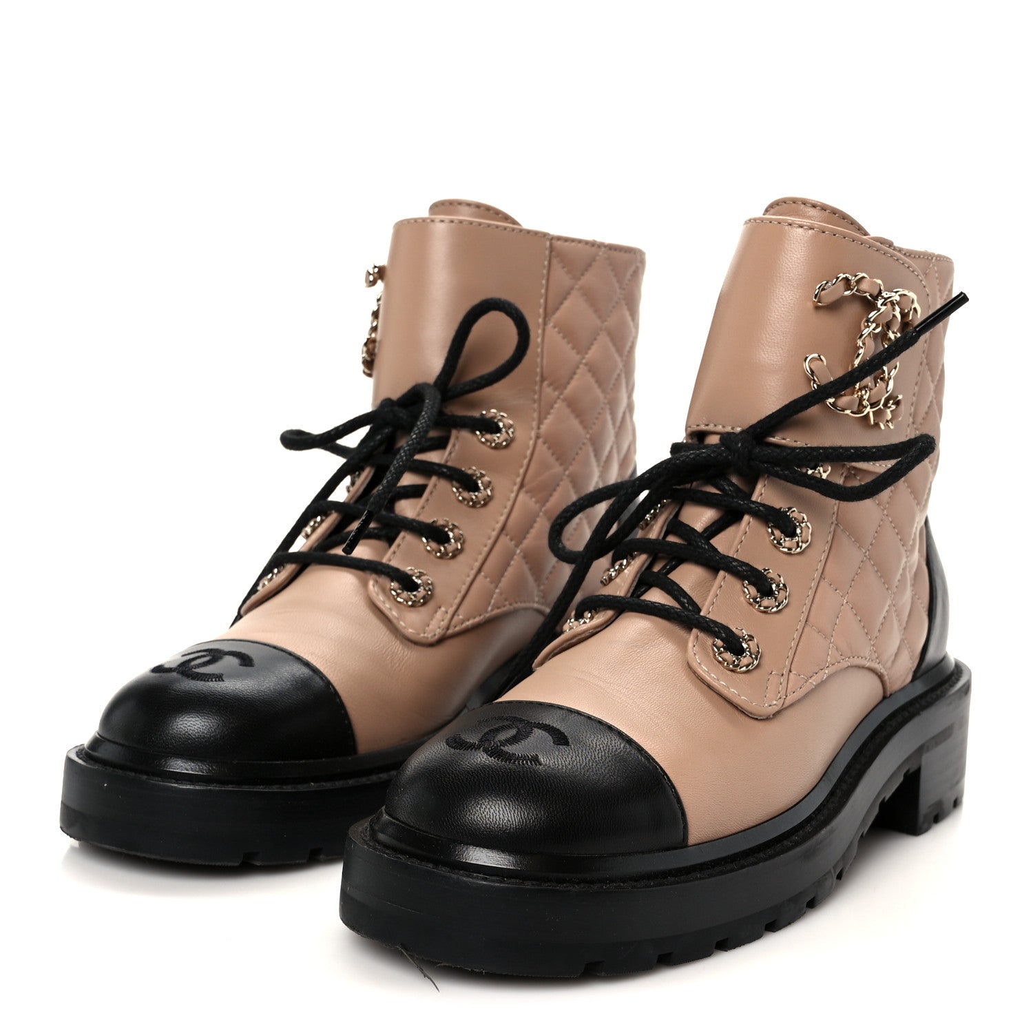 Chanel Shiny Lambskin Quilted Lace Up Combat Boots 36 Beige Black 4 of 12