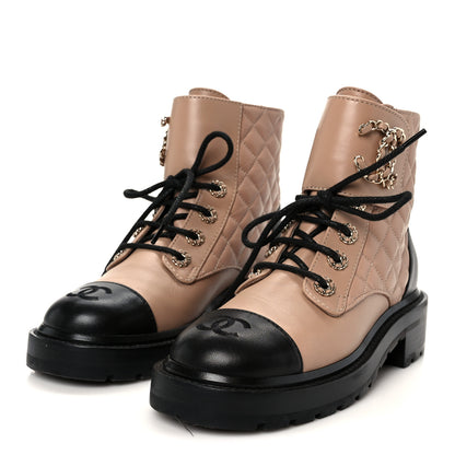 Chanel Shiny Lambskin Quilted Lace Up Combat Boots 36 Beige Black 4 of 12