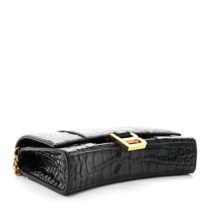 Balenciaga Shiny Calfskin Crocodile Embossed Hourglass Chain Bag Black 4 of 9