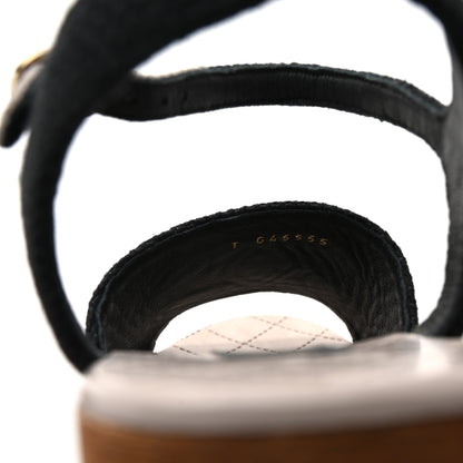 Chanel Fabric Calfskin Platform Wedge Sandals 37 Black 9 of 10