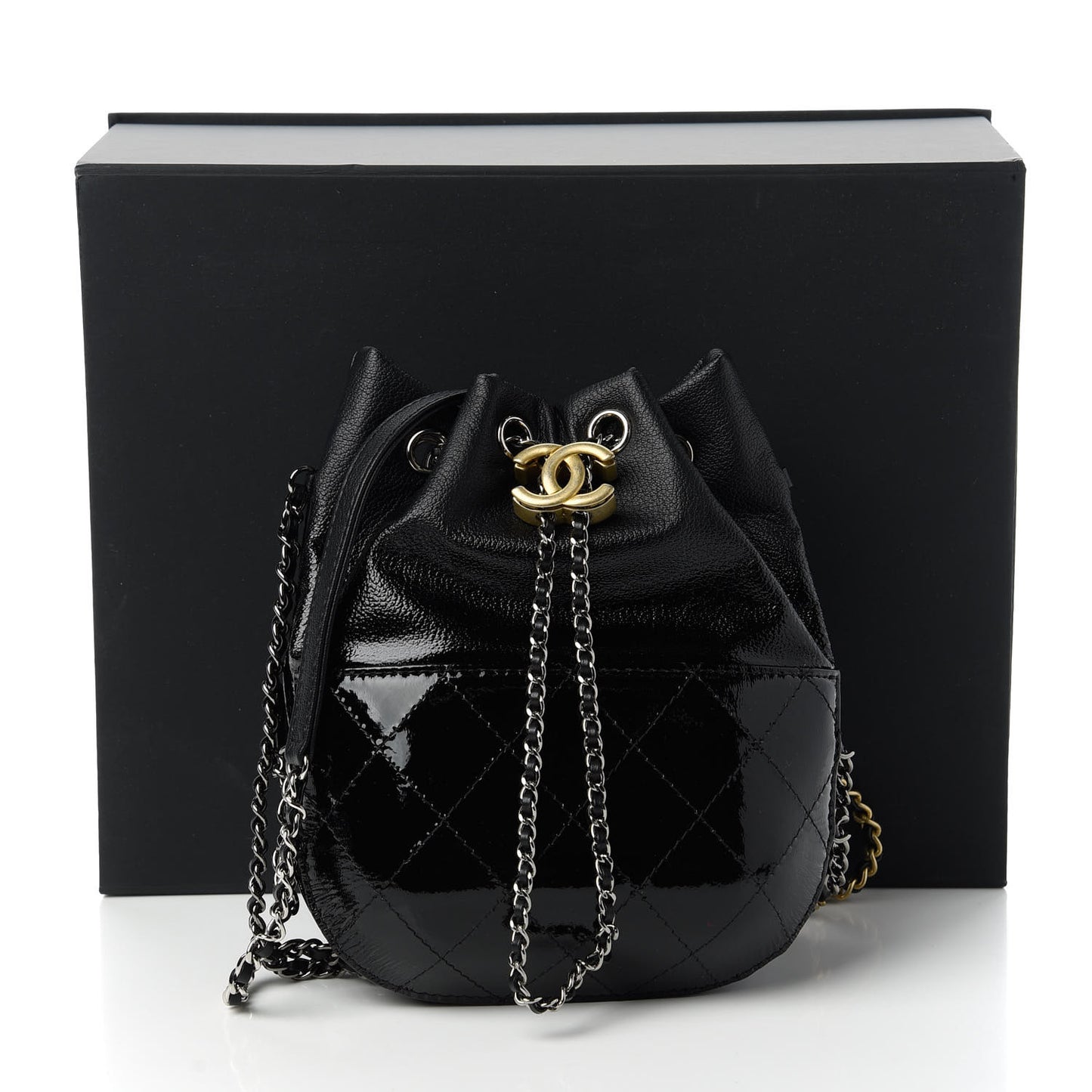 Patent Goatskin Quilted Small Gabrielle Bucket Black