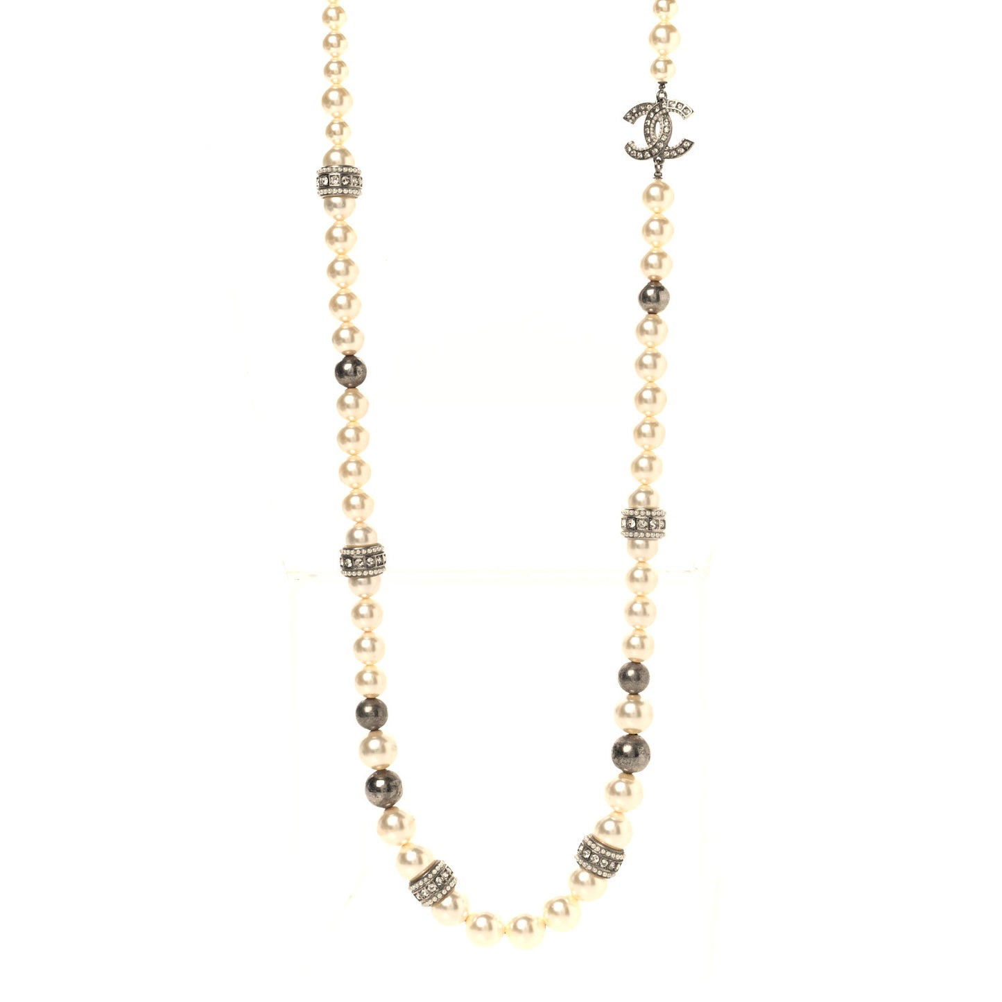 Graduated Pearl Crystal CC Long Necklace Silver