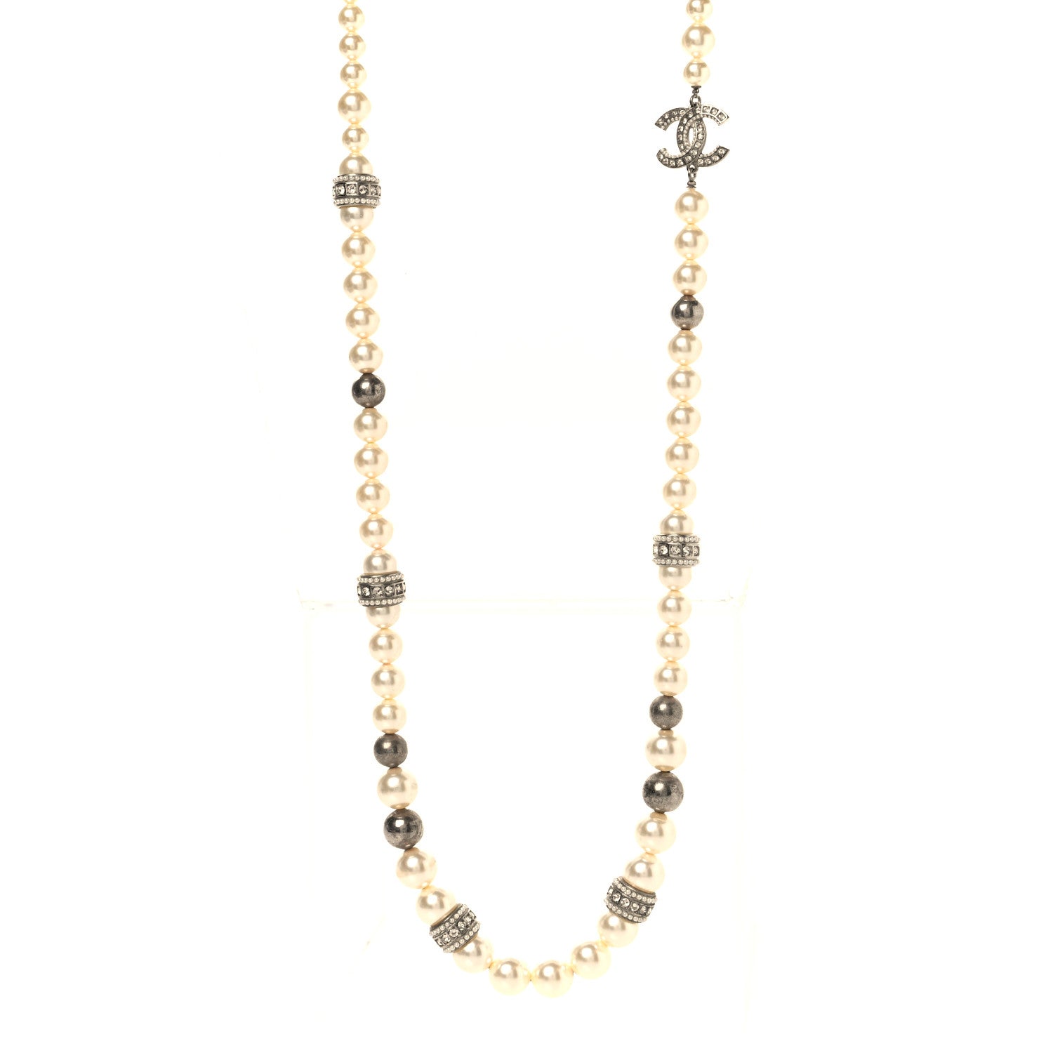 Chanel Graduated Pearl Crystal CC Long Necklace Silver 1 of 5