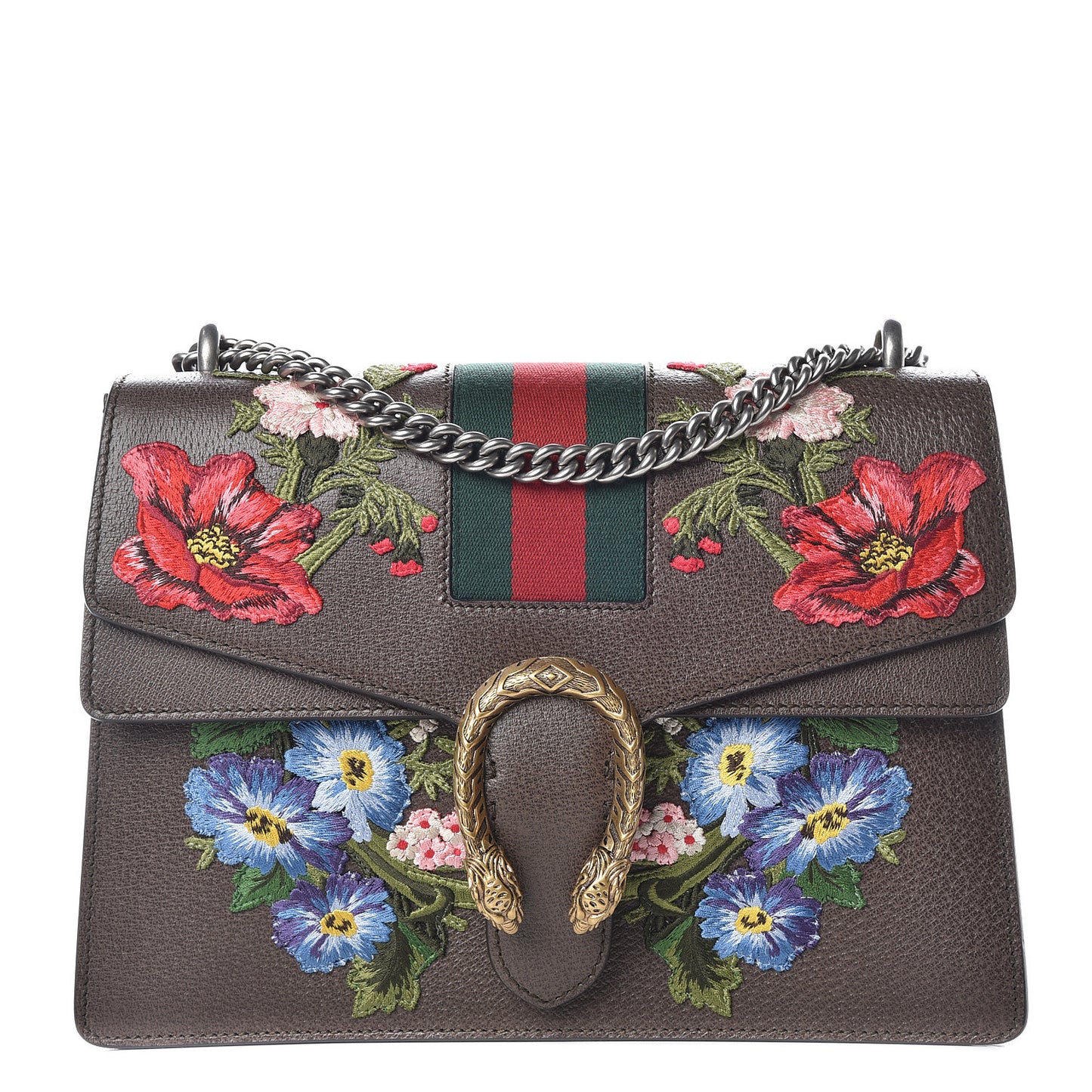 Calfskin Web Floral Embroidered Medium Dionysus Shoulder Bag New Acero