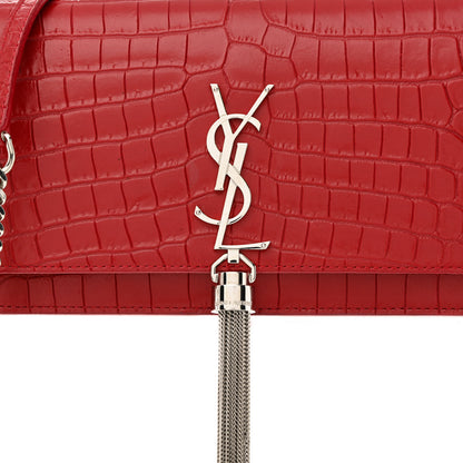 Saint Laurent Calfskin Crocodile Embossed Kate Monogram Tassel Chain Wallet Rouge Eros 9 of 14