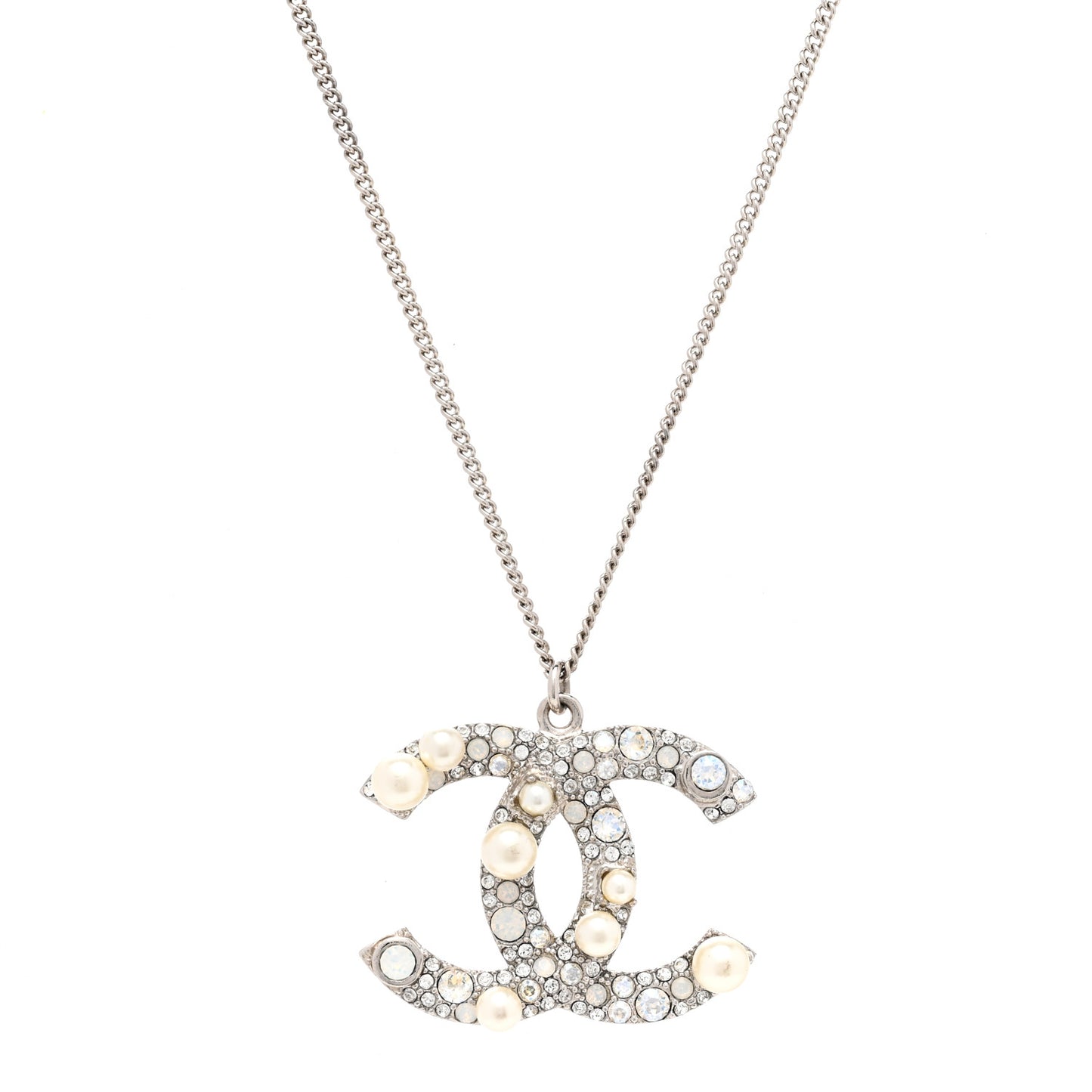 Crystal Pearl CC Pendant Necklace Silver
