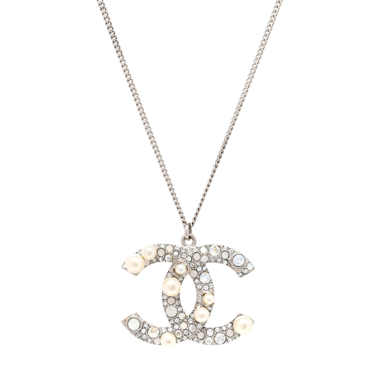 Chanel Crystal Pearl CC Pendant Necklace Silver 4 of 5