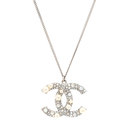 Chanel Crystal Pearl CC Pendant Necklace Silver 4 of 5