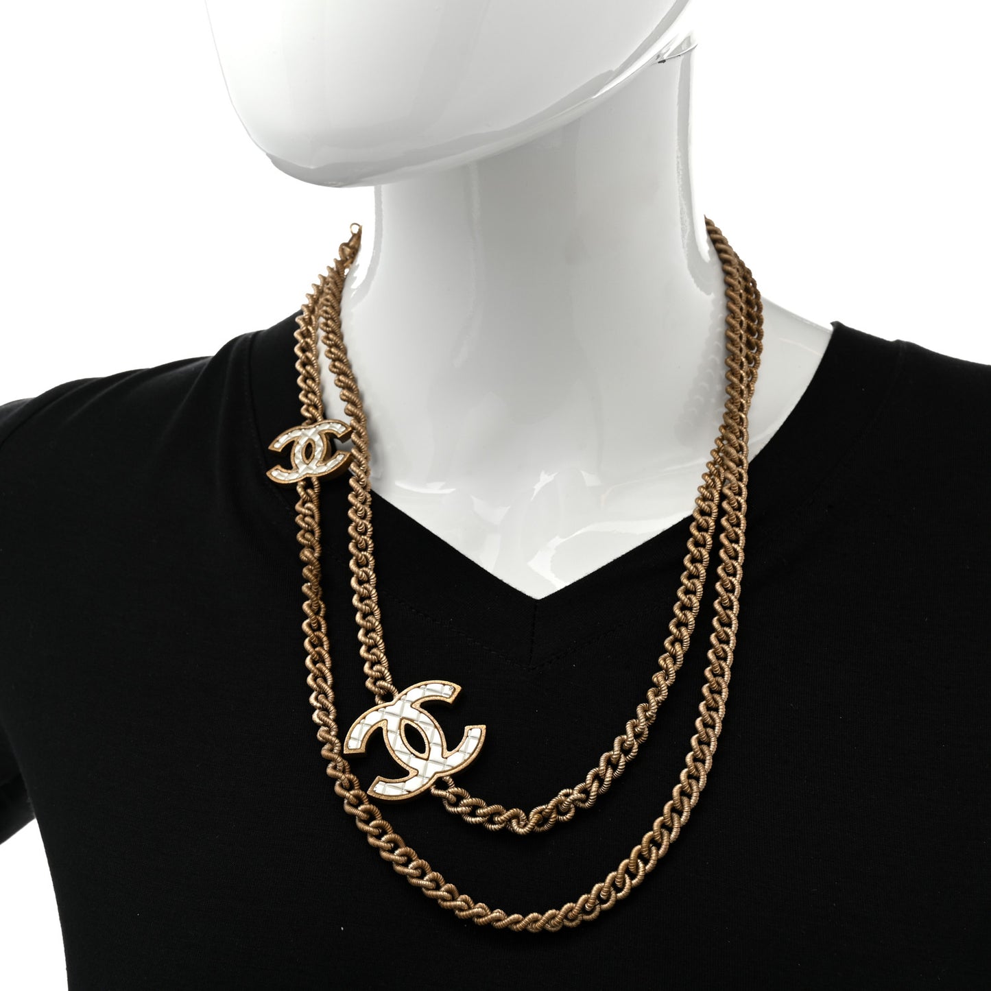 Metal Quilted CC Long Chain Necklace Gold Pearly White