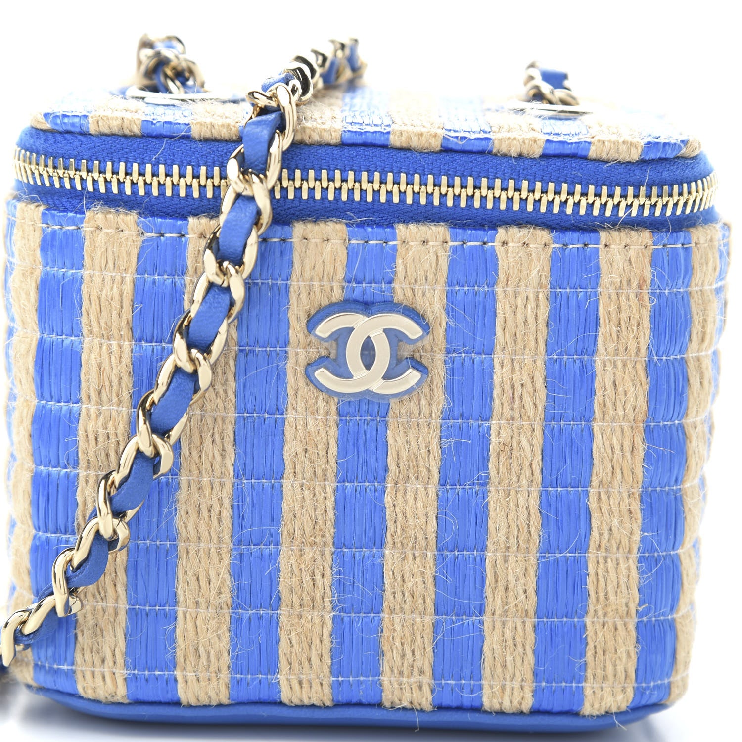 Chanel Raffia Jute Striped Mini Vanity Case With Chain Blue Beige