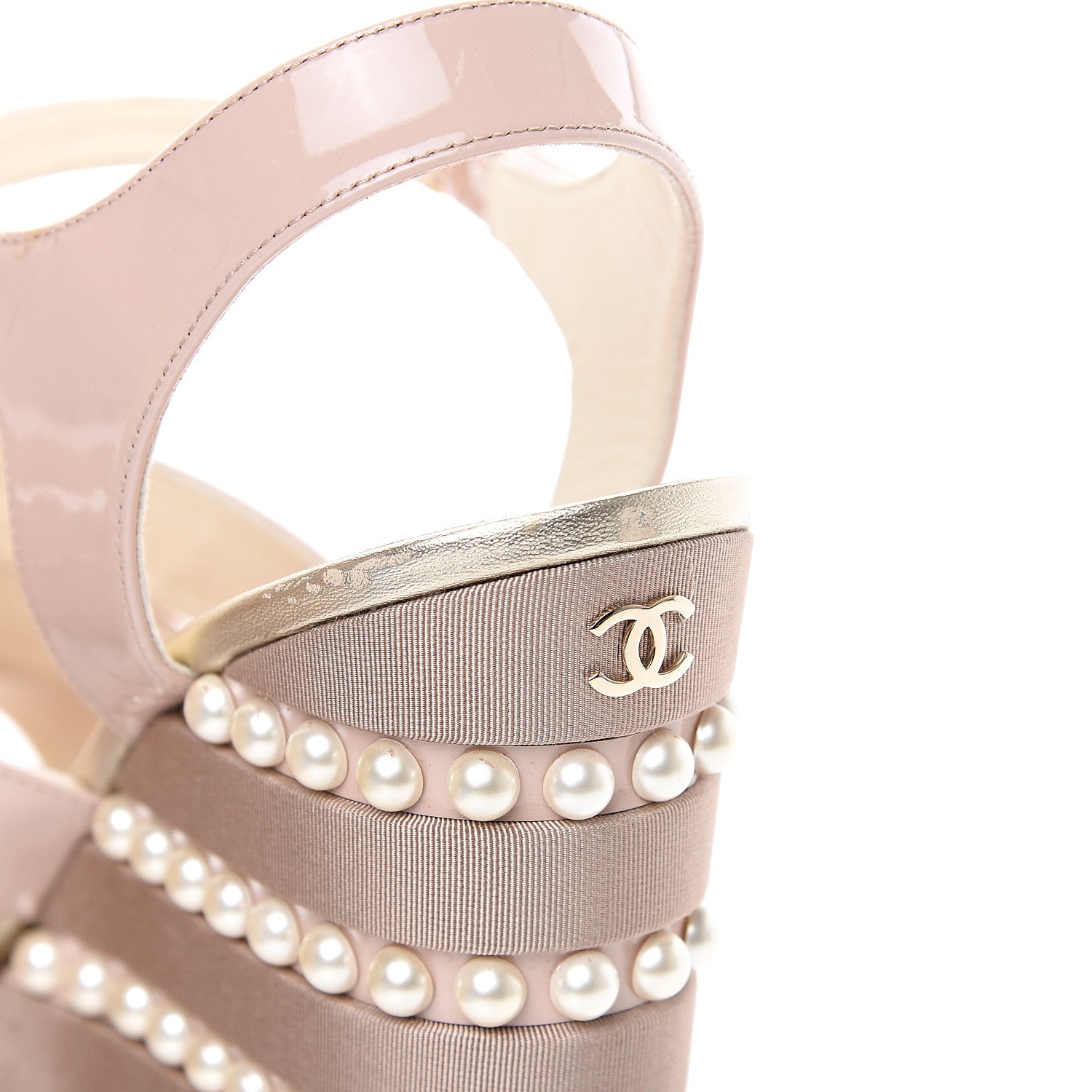 Chanel Patent Calfskin Pearl CC Wedge Sandals 41 Light Pink 10 of 11