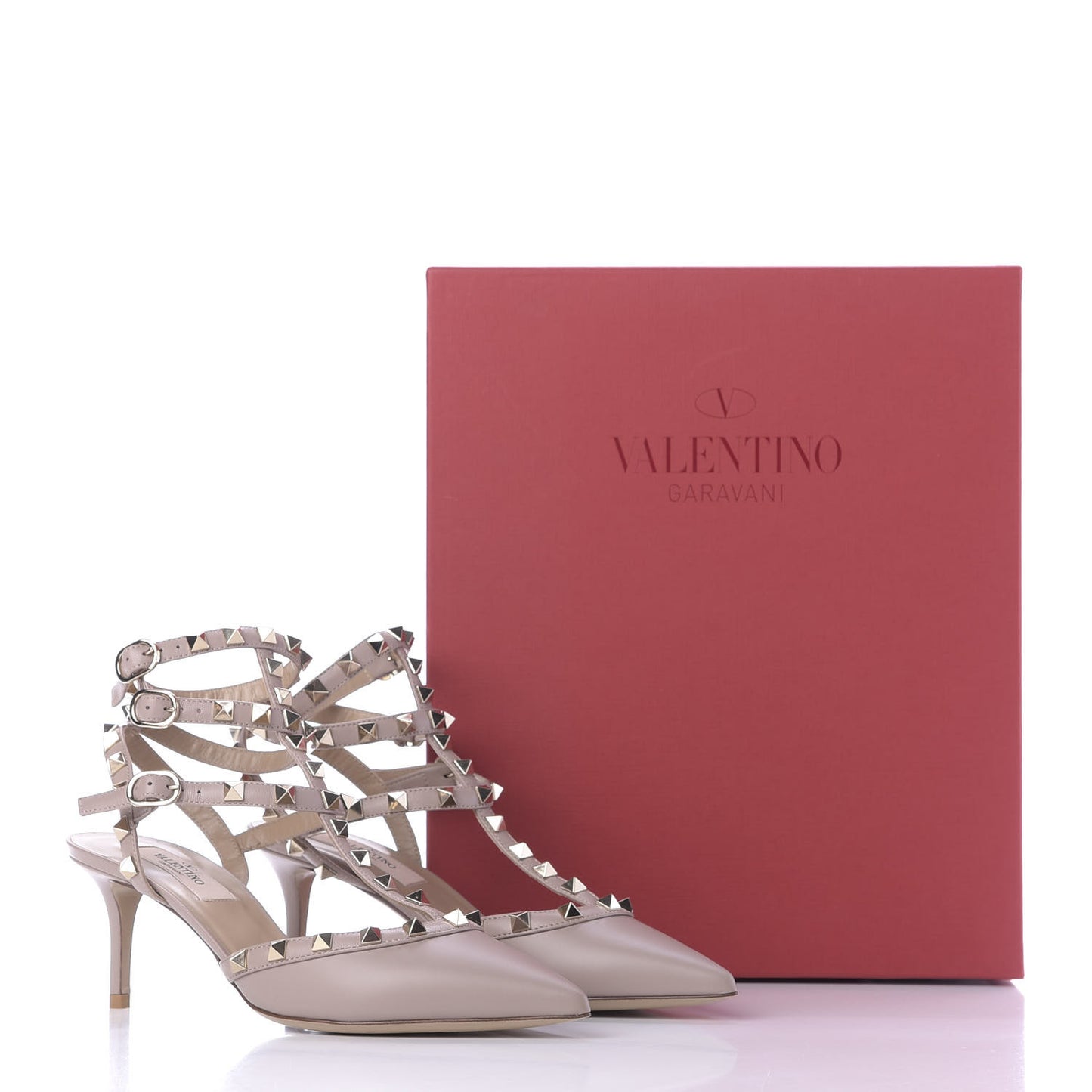 Nappa Rockstud Ankle Strap Low Heel Pumps 37 Poudre