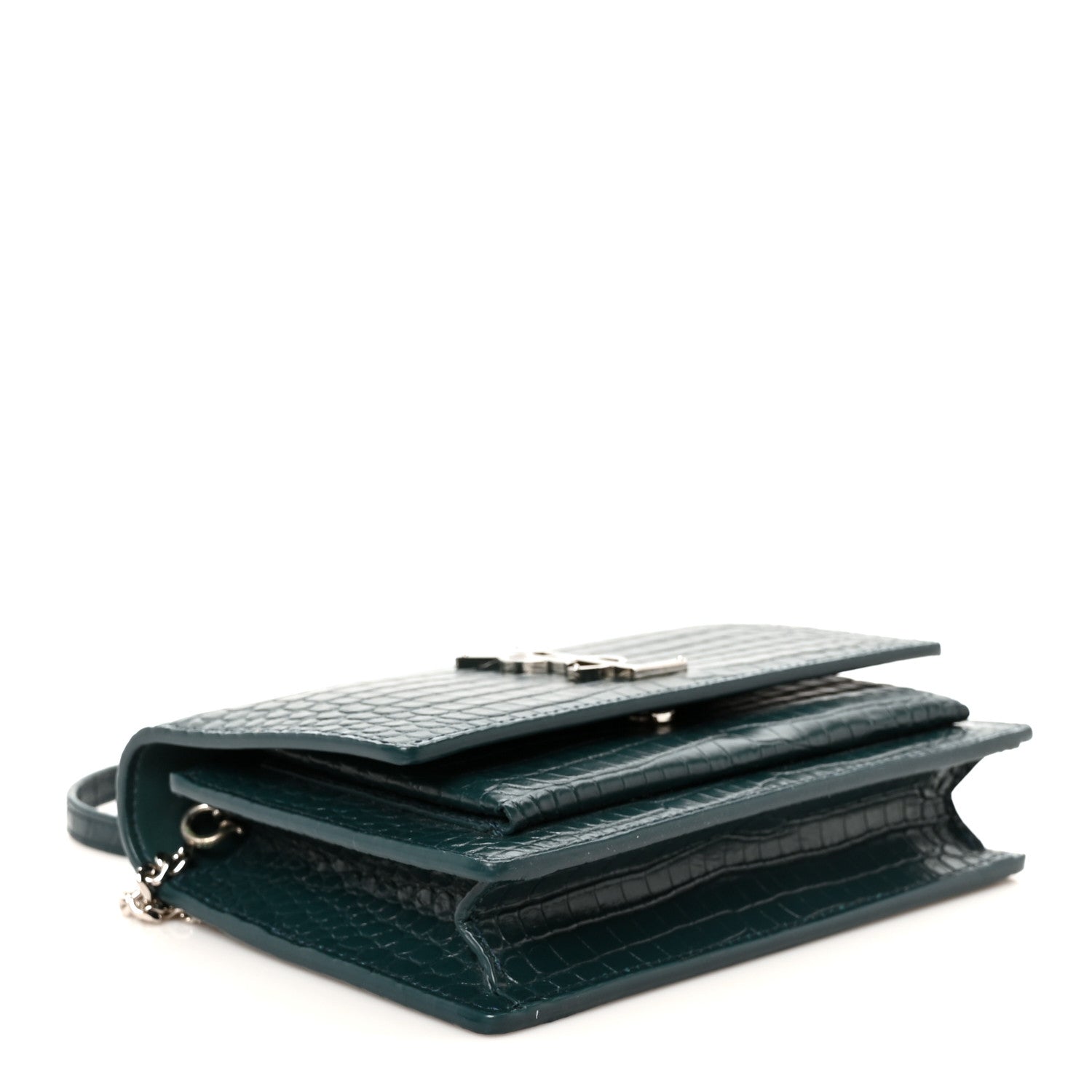 Saint Laurent Calfskin Crocodile Embossed Monogram Sunset Chain Wallet Dark Turquoise 4 of 10