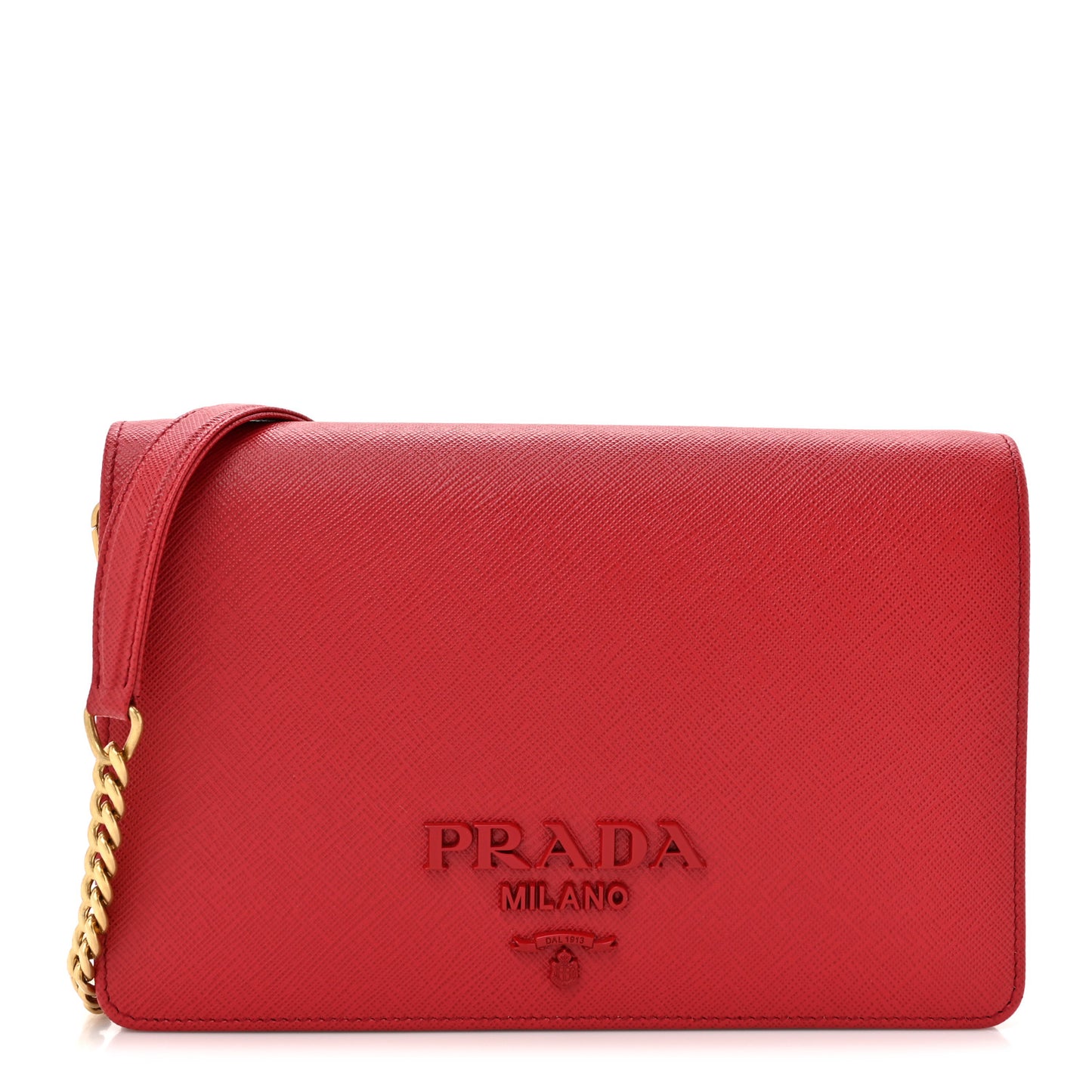Saffiano Lux Metal Logo Monochrome Mini Flap Chain Shoulder Bag Fuoco