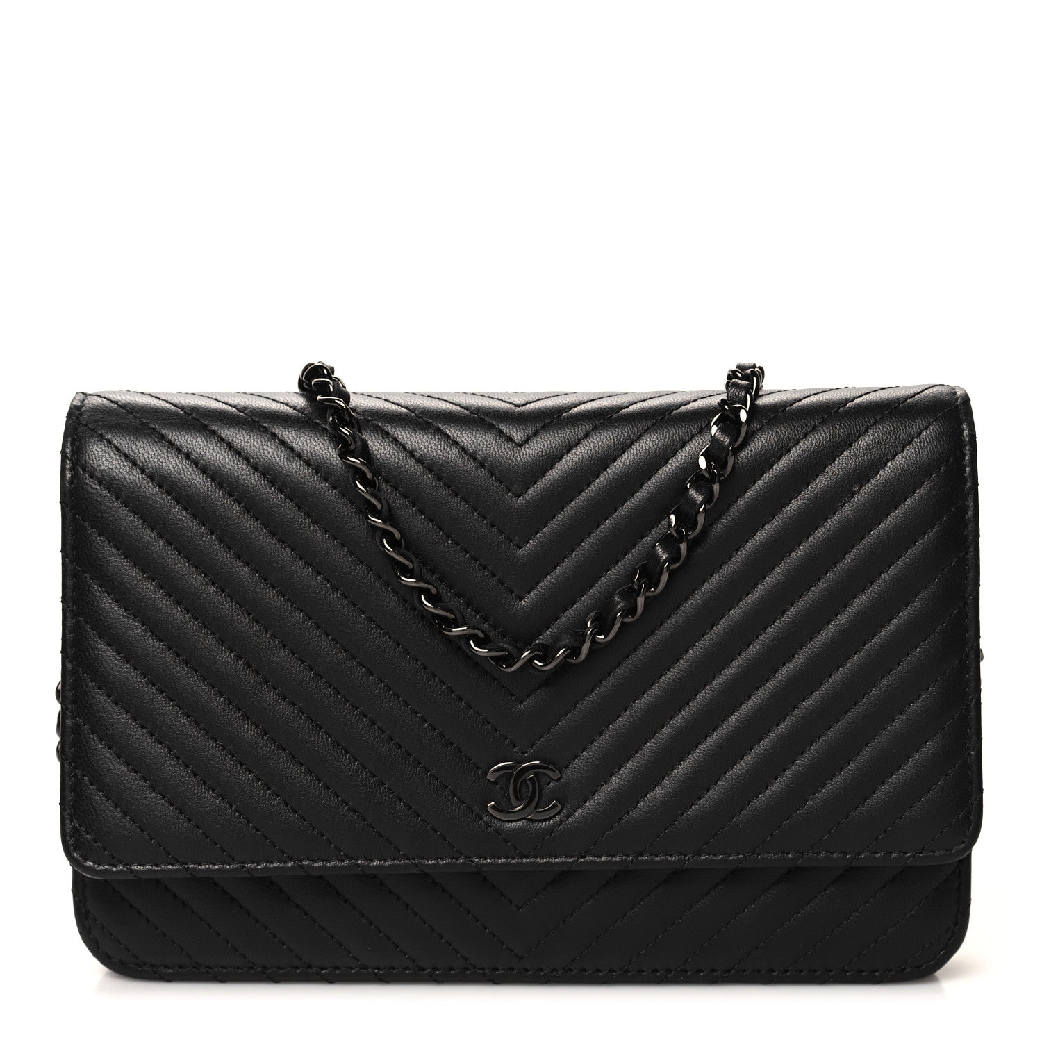 Chanel Lambskin Chevron Quilted Wallet On Chain WOC So Black 1 of 13