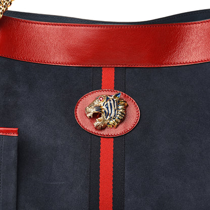 Gucci Suede Calfskin Large Rajah Chain Tote New Blue Romantic Cherry 9 of 9