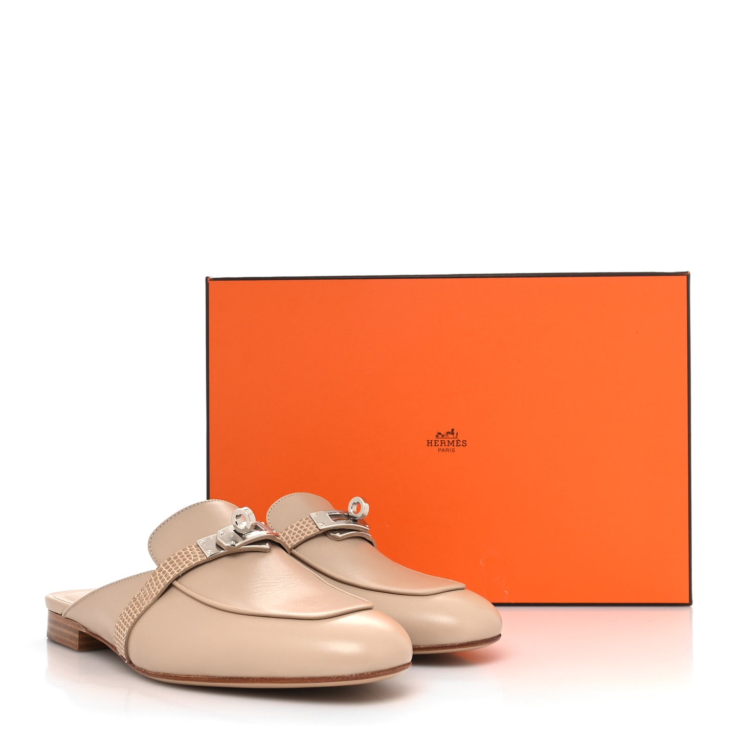 Shiny Lizard Calfskin Oz Mules 37 Beige Sarrazin