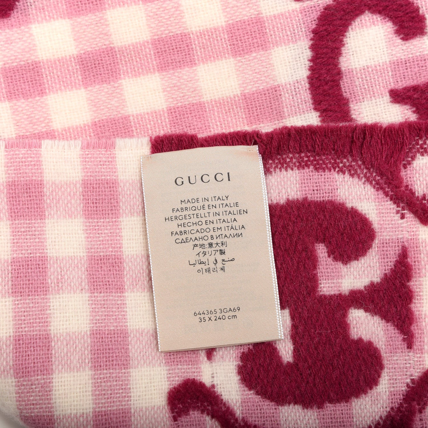 Gucci Wool Polyamide Jacquard GG Monogram Diamcheck Logo Scarf Roseatte Ivory 3 of 4