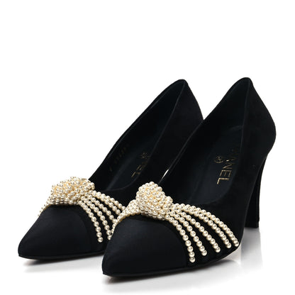 Chanel Suede Pearl Grosgrain Pumps 36.5 Black 3 of 9