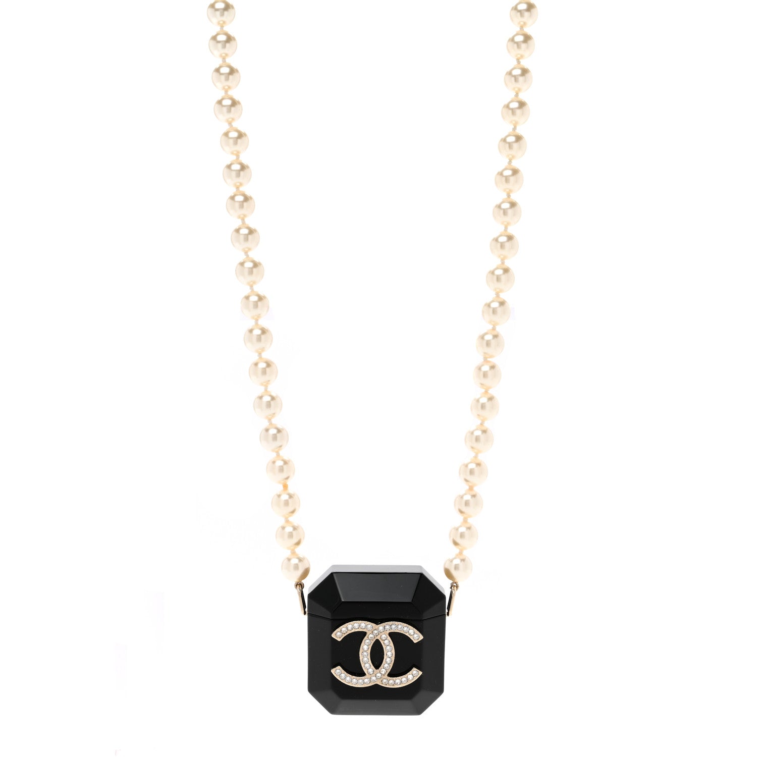Chanel Resin Crystal Pearl Airpods Holder Necklace Black Pearly White 1 of 4