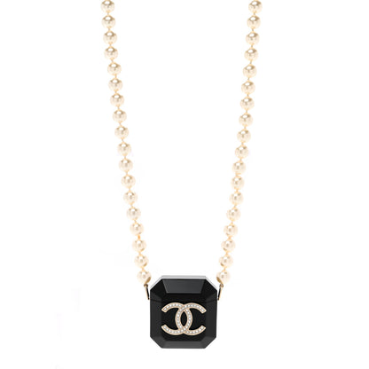Chanel Resin Crystal Pearl Airpods Holder Necklace Black Pearly White 1 of 4