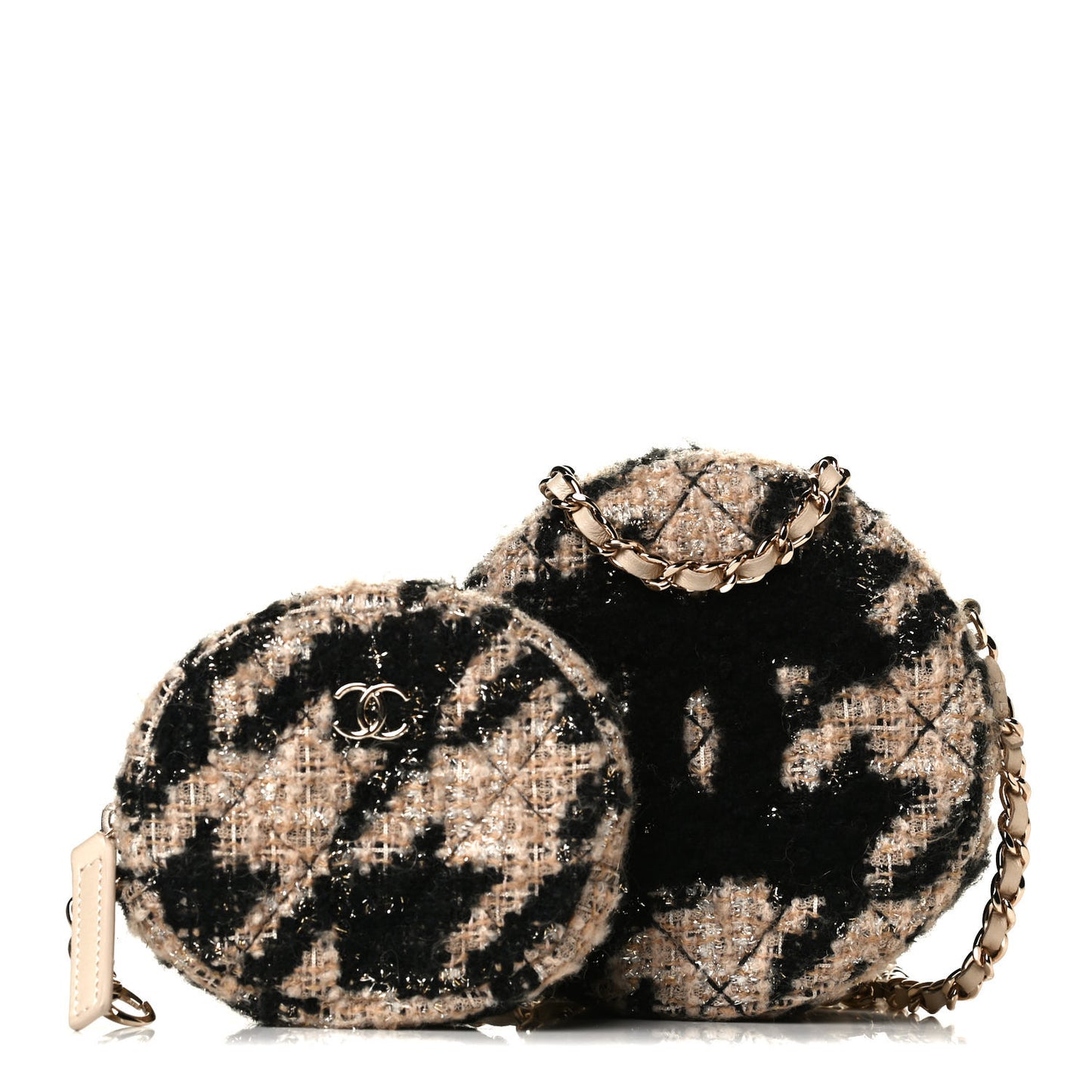 Tweed Shearling Round Clutch With Chain and Coin Purse Beige Black