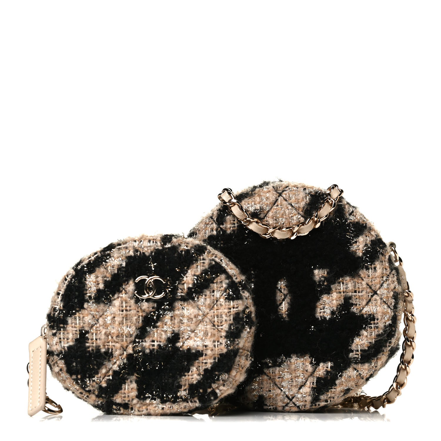 Chanel Tweed Shearling Round Clutch With Chain and Coin Purse Beige Black 1 of 12