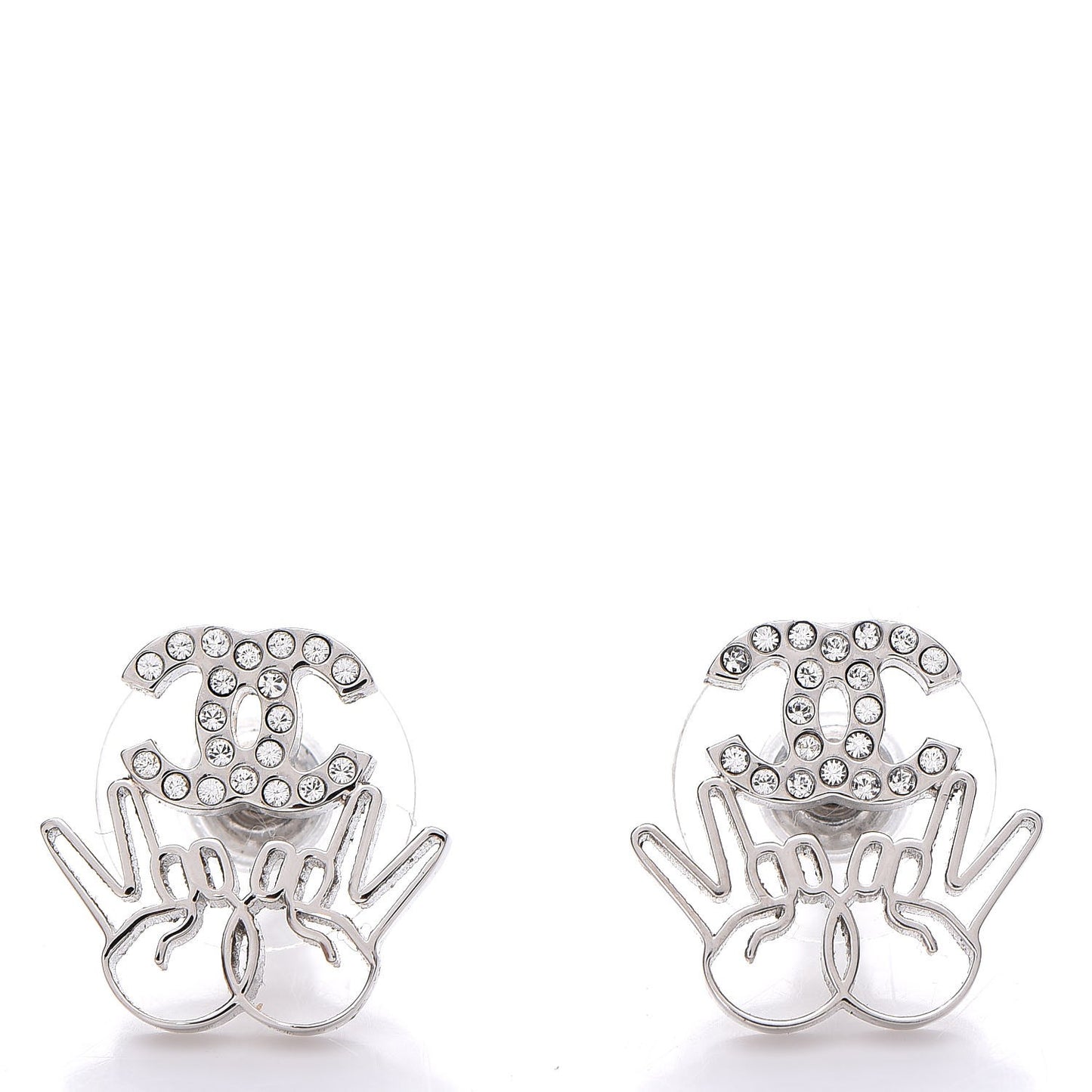 Crystal CC Peace Sign Emoji Earrings Silver