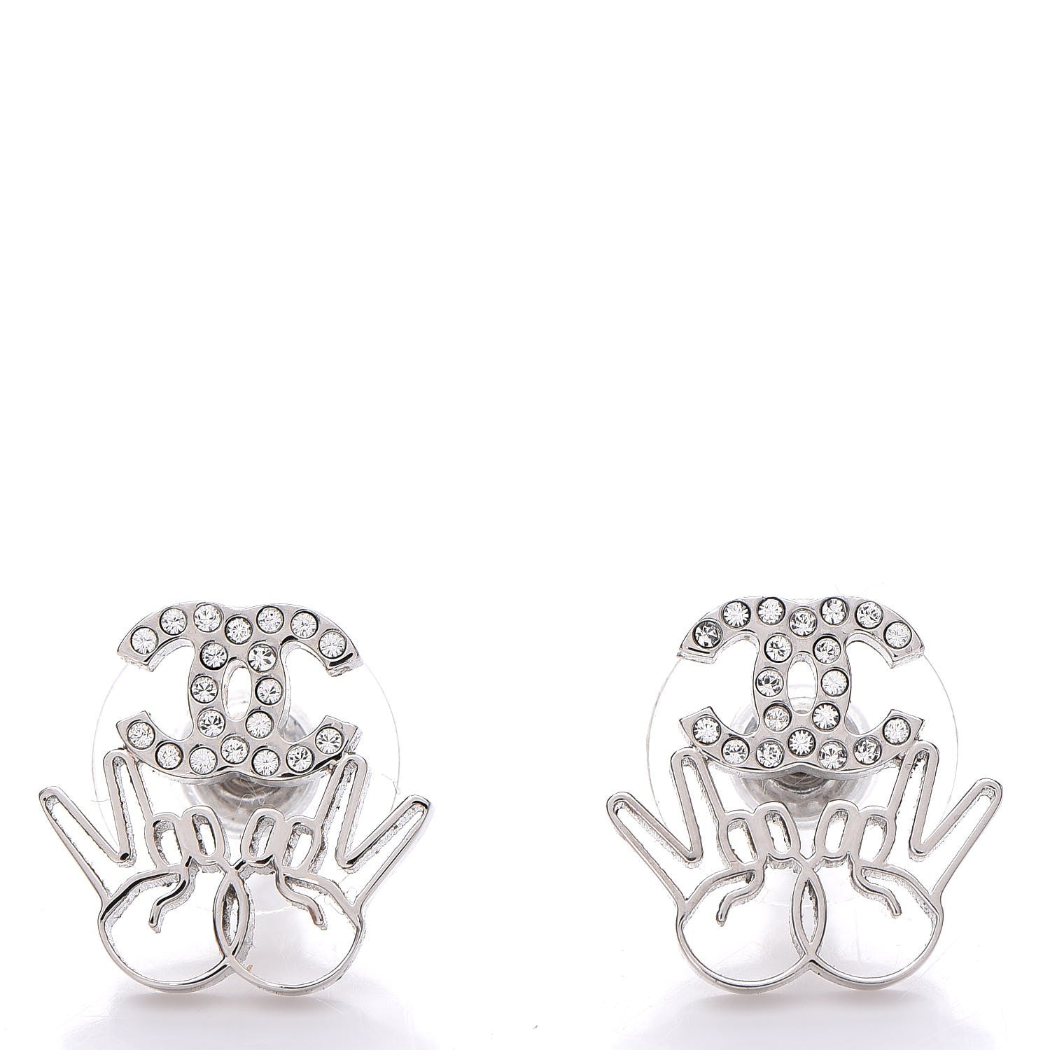Chanel Crystal CC Peace Sign Emoji Earrings Silver 1 of 5