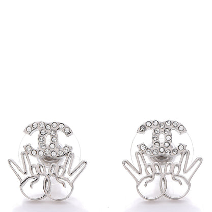 Chanel Crystal CC Peace Sign Emoji Earrings Silver 1 of 5