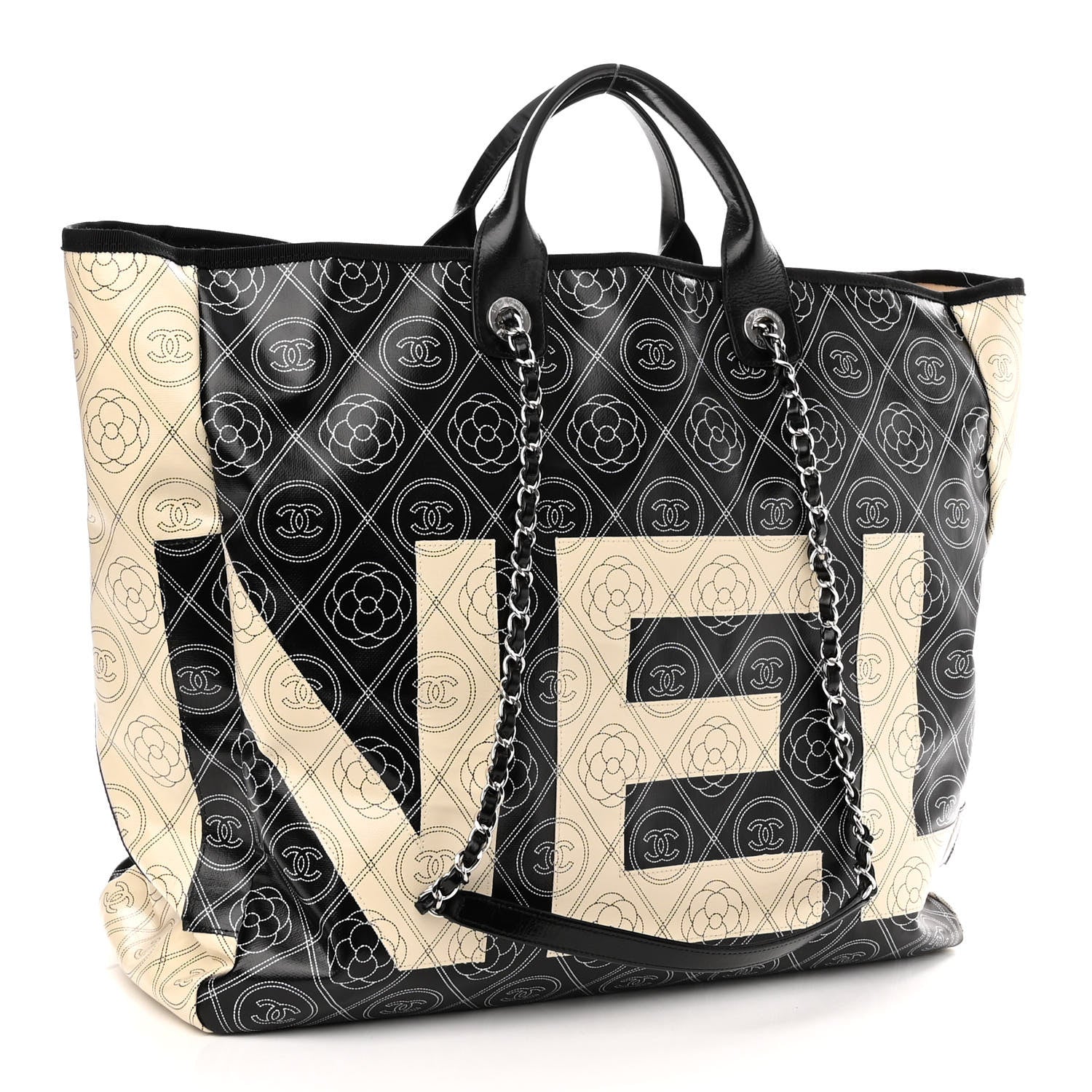 Chanel Coated Canvas Camellia Large Shopping Tote Black Beige 3 of 10