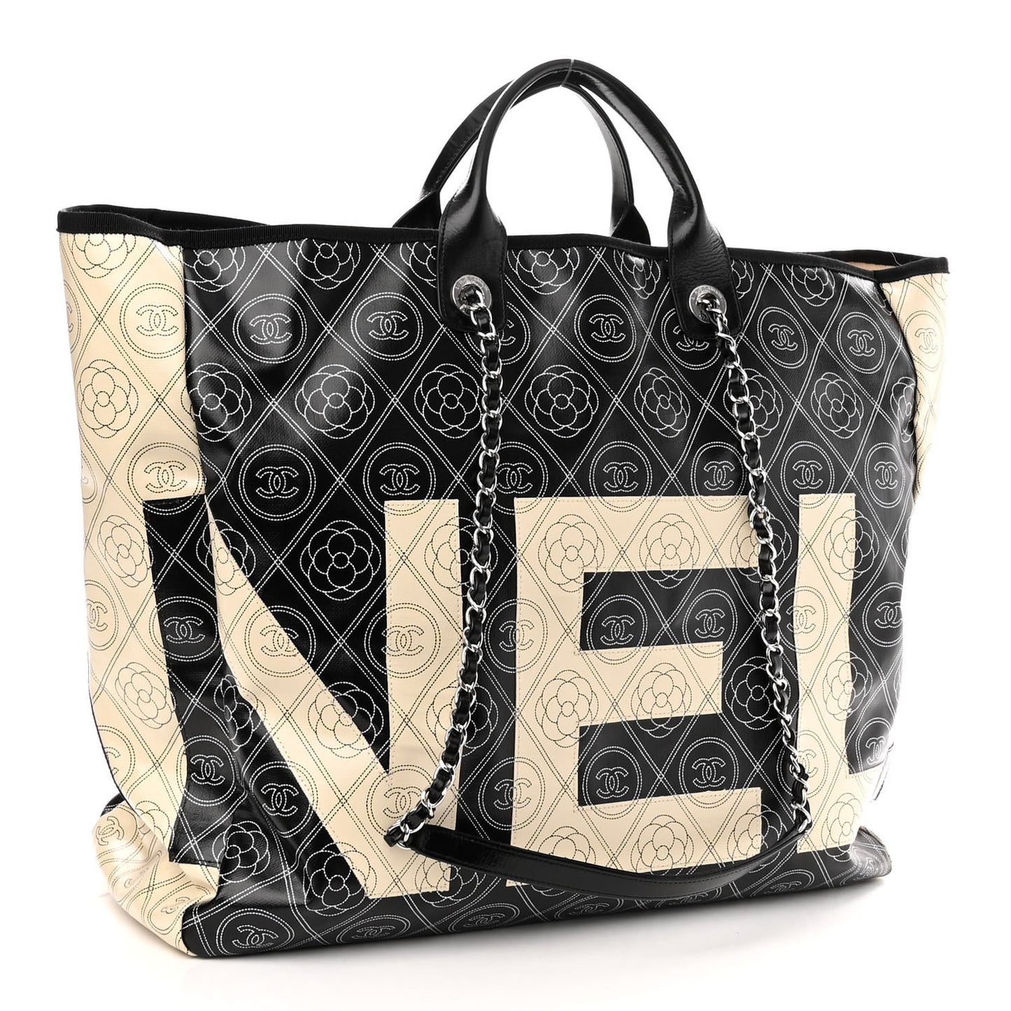 Coated Canvas Camellia Large Shopping Tote Black Beige