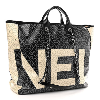 Chanel Coated Canvas Camellia Large Shopping Tote Black Beige 3 of 10