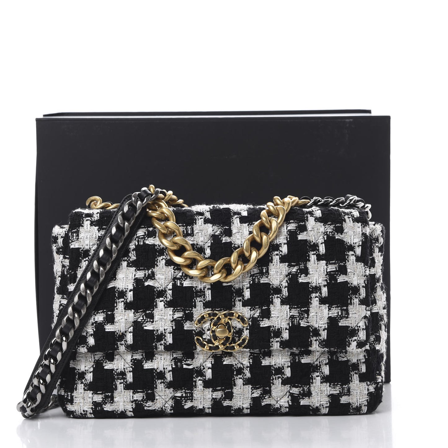 Tweed Quilted Large 19 Flap Black Ecru White