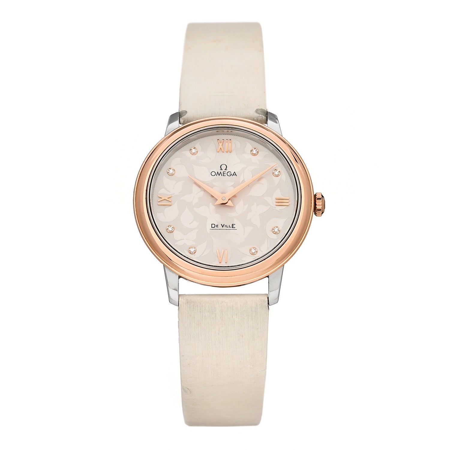 this is an image of an OMEGA Stainless Steel 18K Red Gold Calfskin Diamond 33mm De Ville Prestige Butterfly Automatic Watch in the color beige reference number 424.22.33.60.52.001 by FASHIONPHILE
