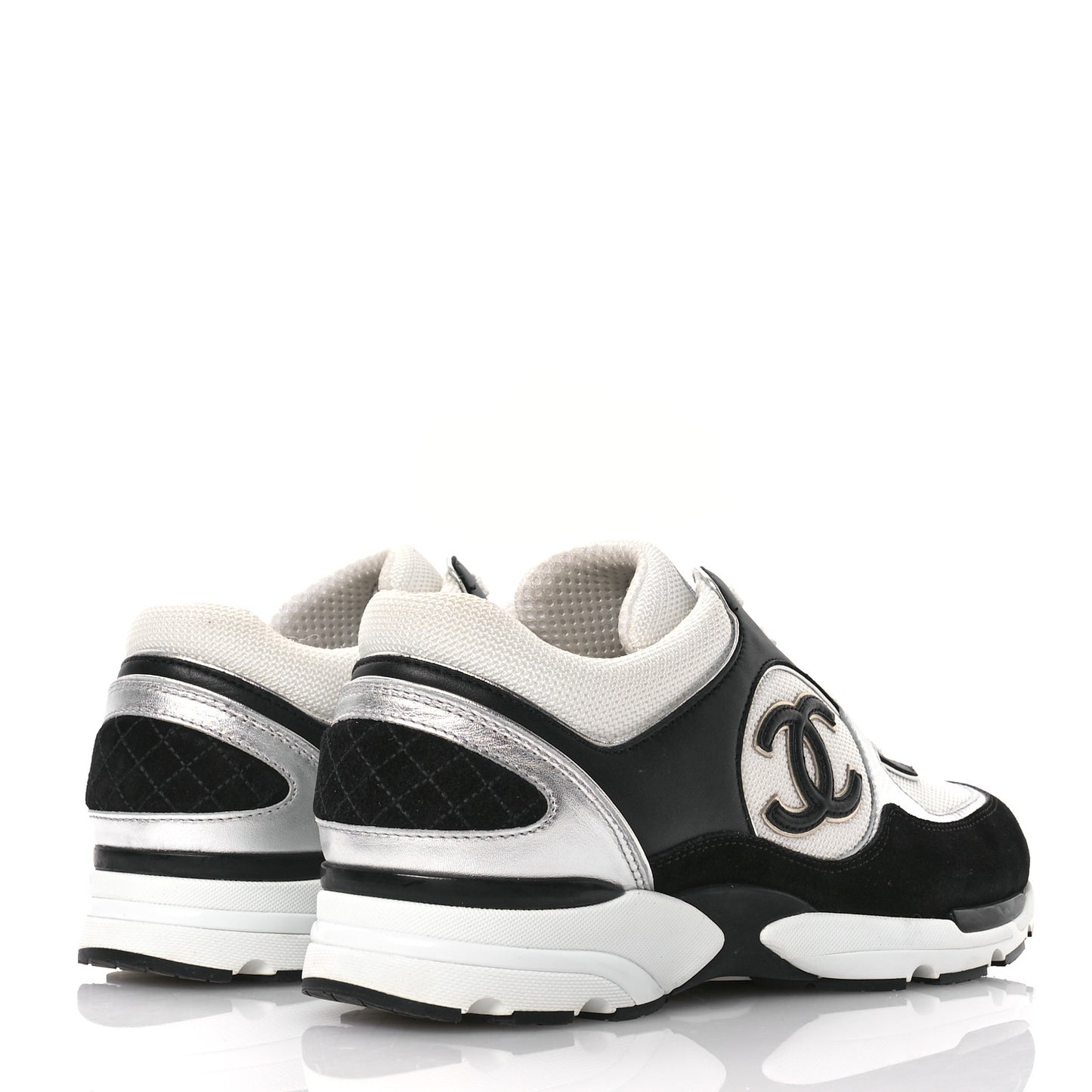 Mesh Suede Calfskin Grained Calfskin Womens CC Sneakers 39.5 Black White Silver