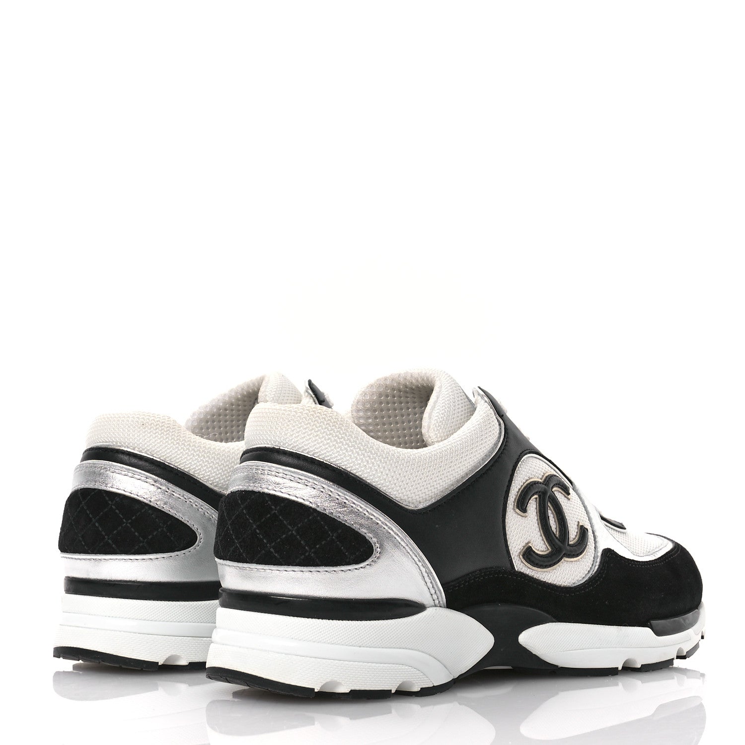 Chanel Mesh Suede Calfskin Grained Calfskin Womens CC Sneakers 39.5 Black White Silver 5 of 9