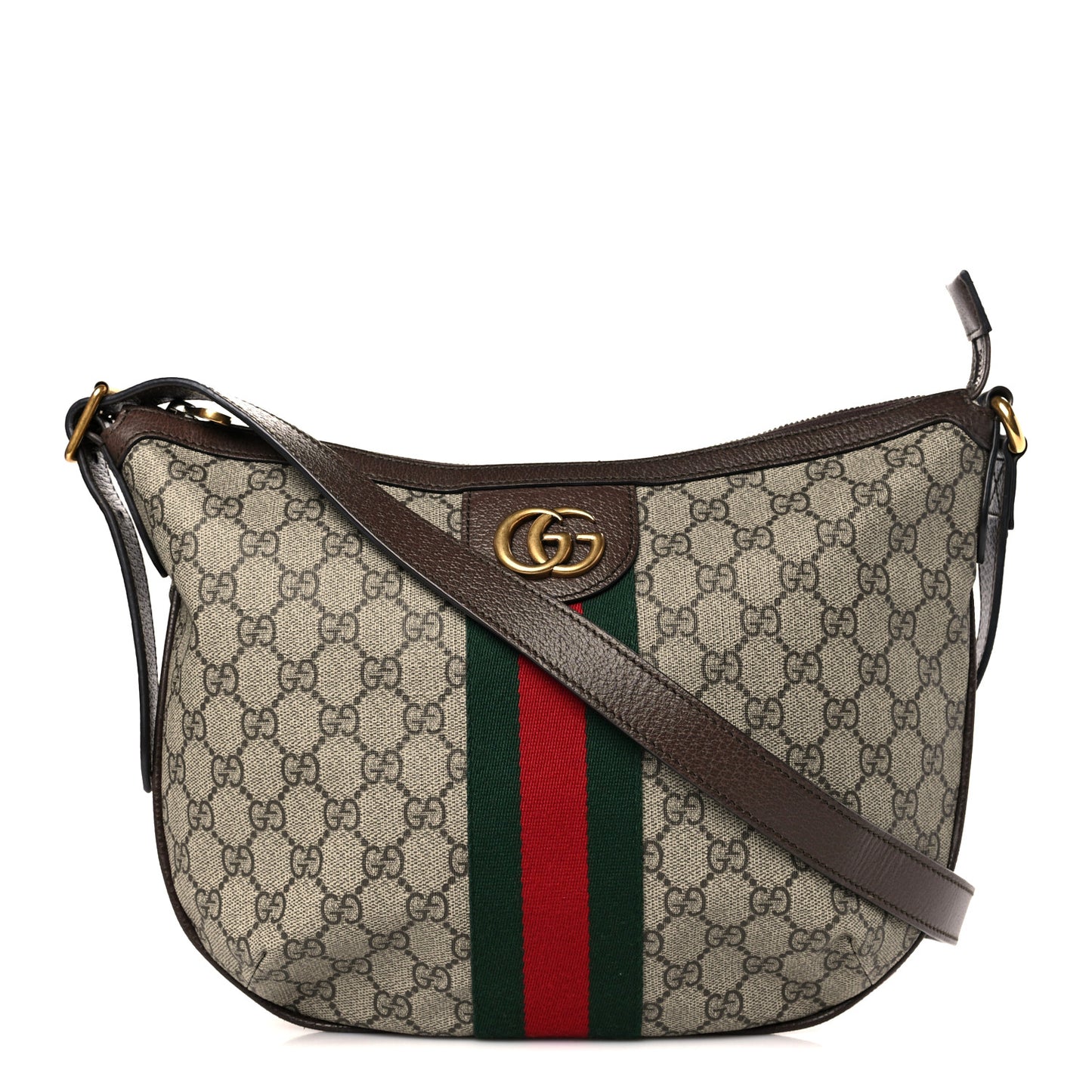 GG Supreme Monogram Textured Dollar Calfskin Web Small Ophidia Half Moon Hobo Beige Ebony New Acero