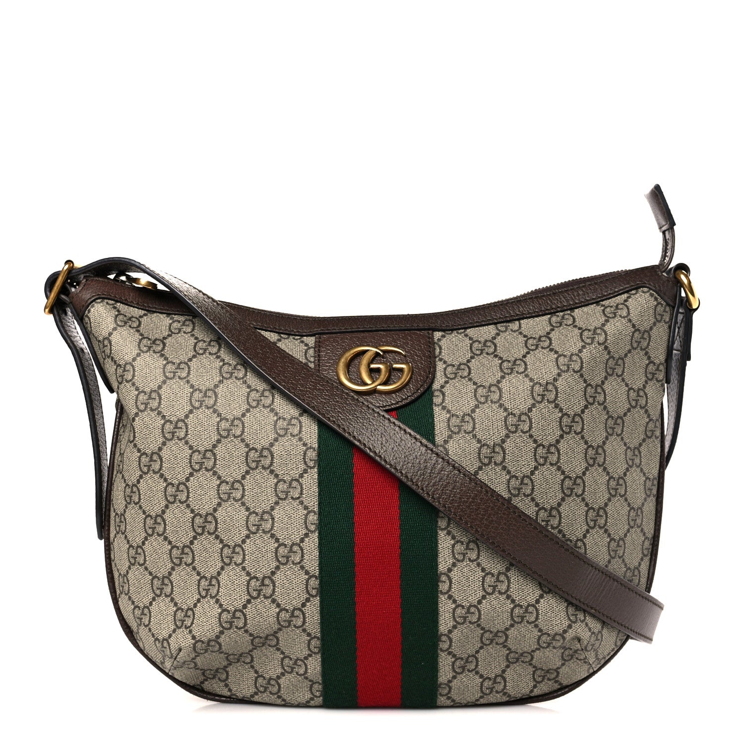 Gucci GG Supreme Monogram Textured Dollar Calfskin Web Small Ophidia Half Moon Hobo Beige Ebony New Acero 1 of 9
