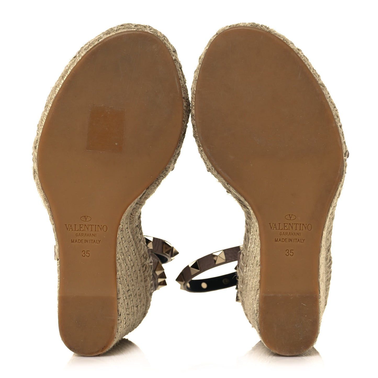 Grained Calfskin Rockstud Ankle Strap Espadrille 15/105mm Wedge Sandals 35 Poudre Natural