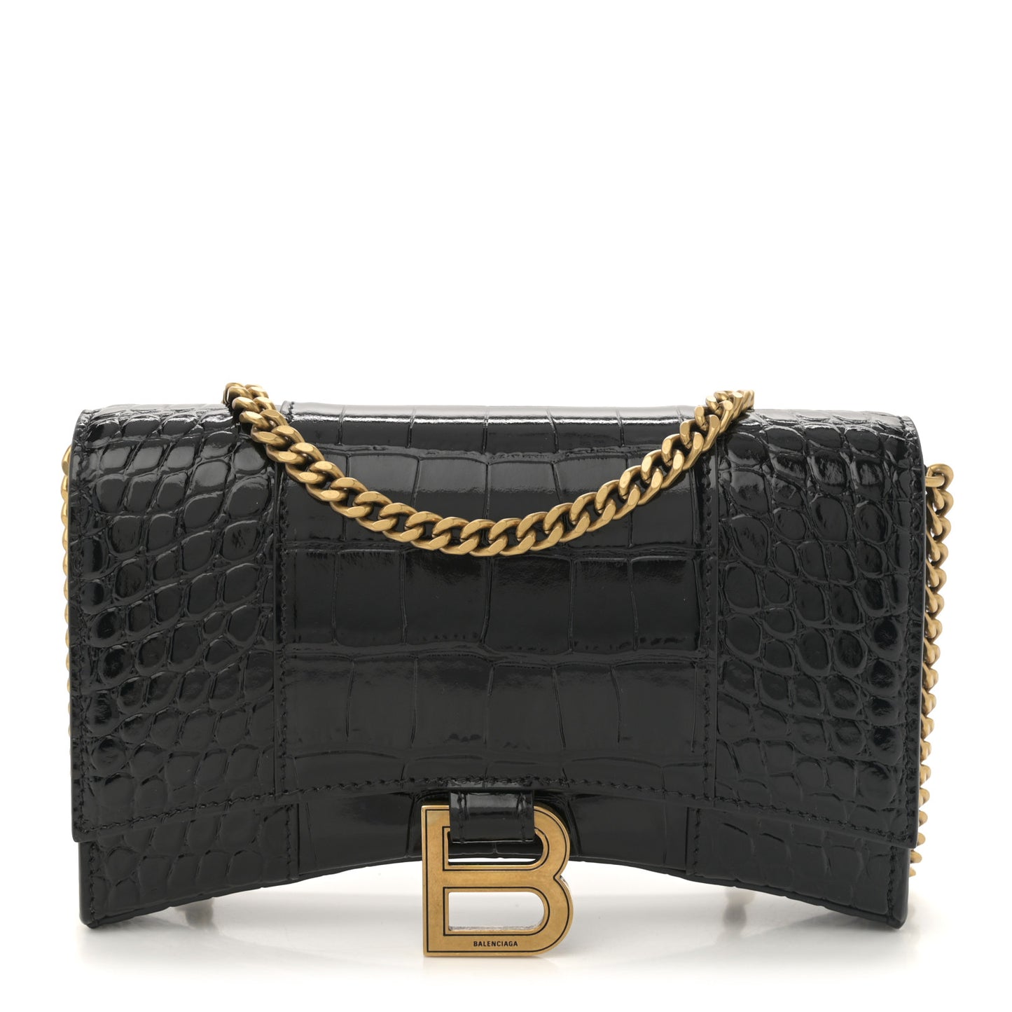 Shiny Calfskin Crocodile Embossed Hourglass Chain Bag Black