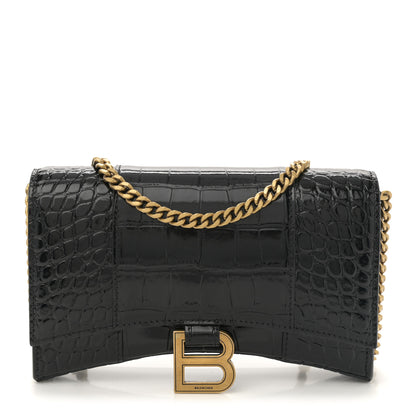 Balenciaga Shiny Calfskin Crocodile Embossed Hourglass Chain Bag Black 1 of 9