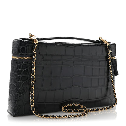 Chanel Calfskin Crocodile Embossed Top Handle Vanity Case With Chain Black Grey 3 of 11