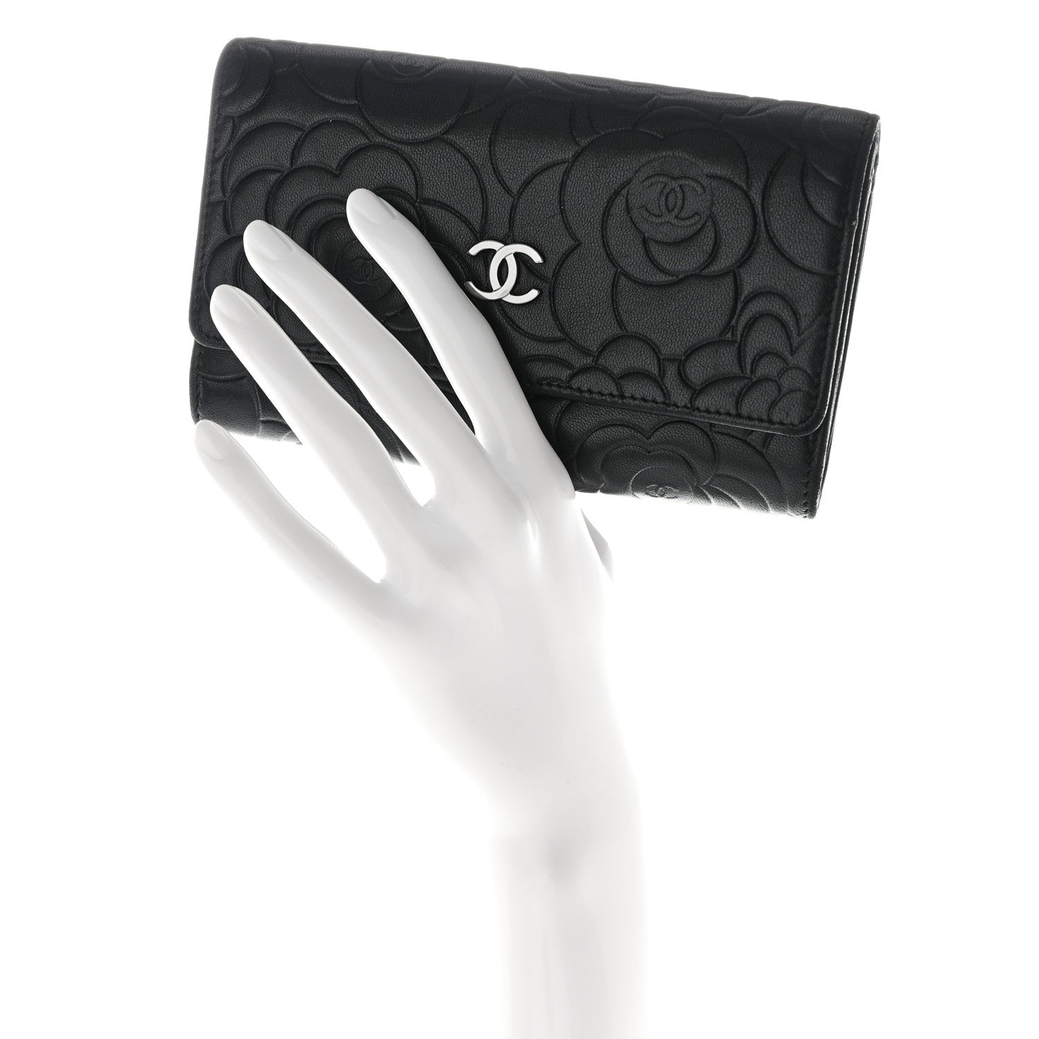 Chanel Lambskin Camellia Embossed Medium Wallet Black 2 of 9