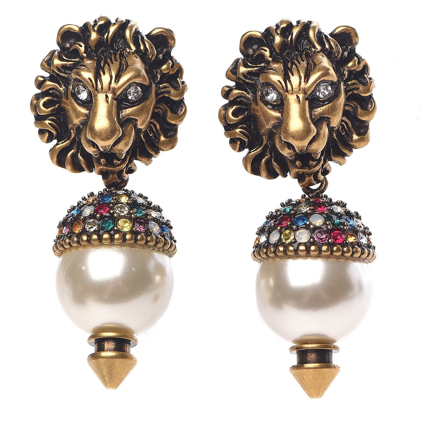 Metal Crystal Lion Earrings Aged Gold