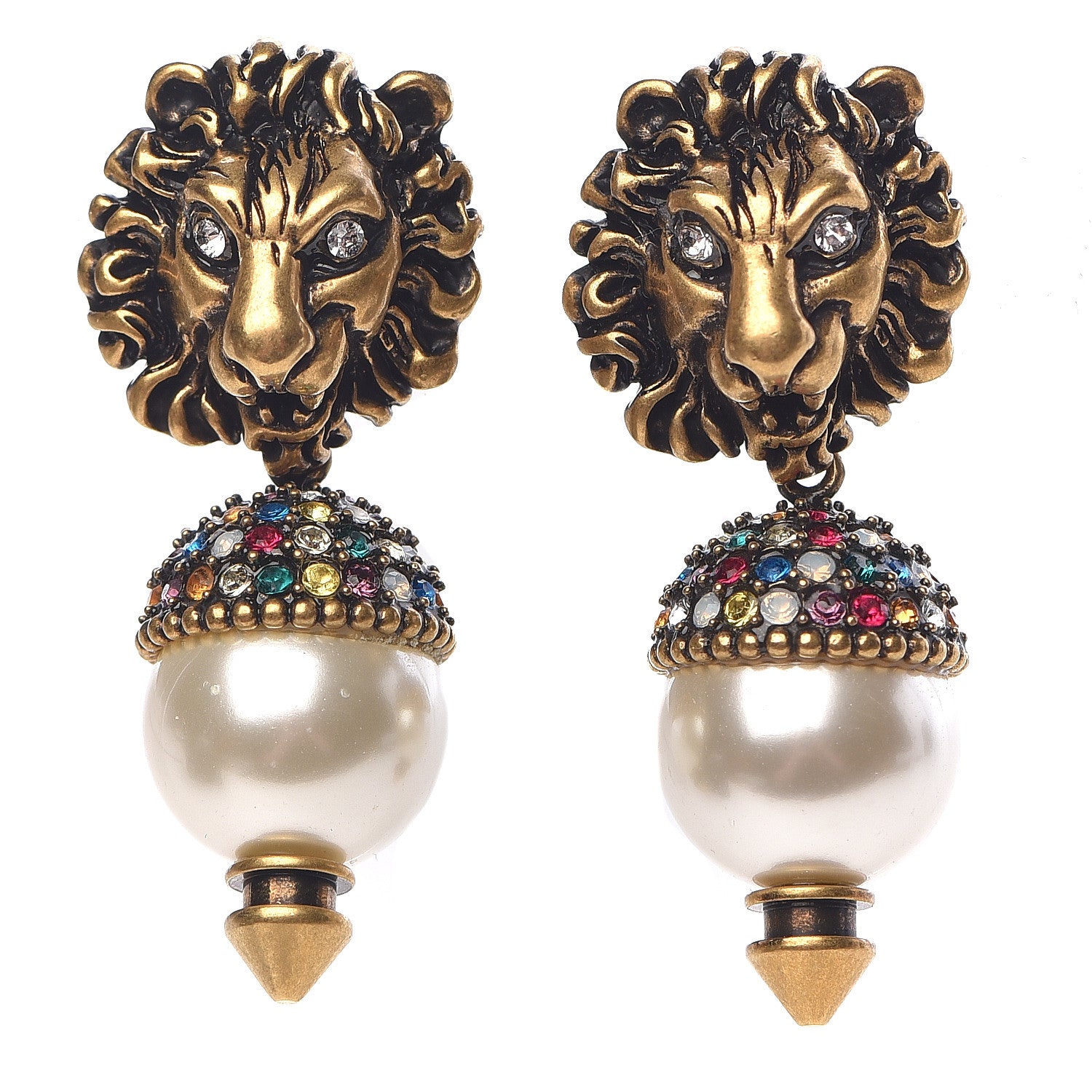 Gucci Metal Crystal Lion Earrings Aged Gold 1 of 5