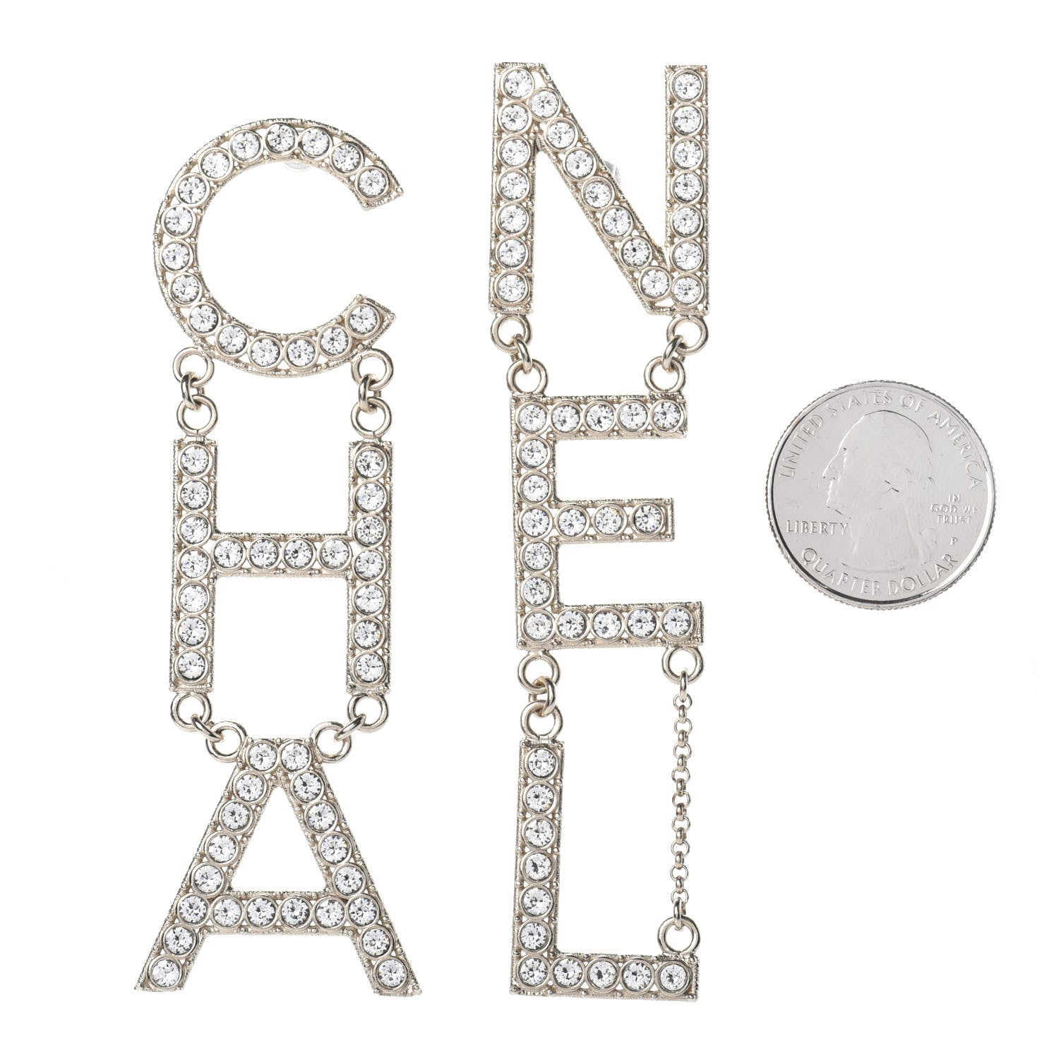 Chanel Crystal Cha-Nel Logo Drop Earrings Gold 2 of 4