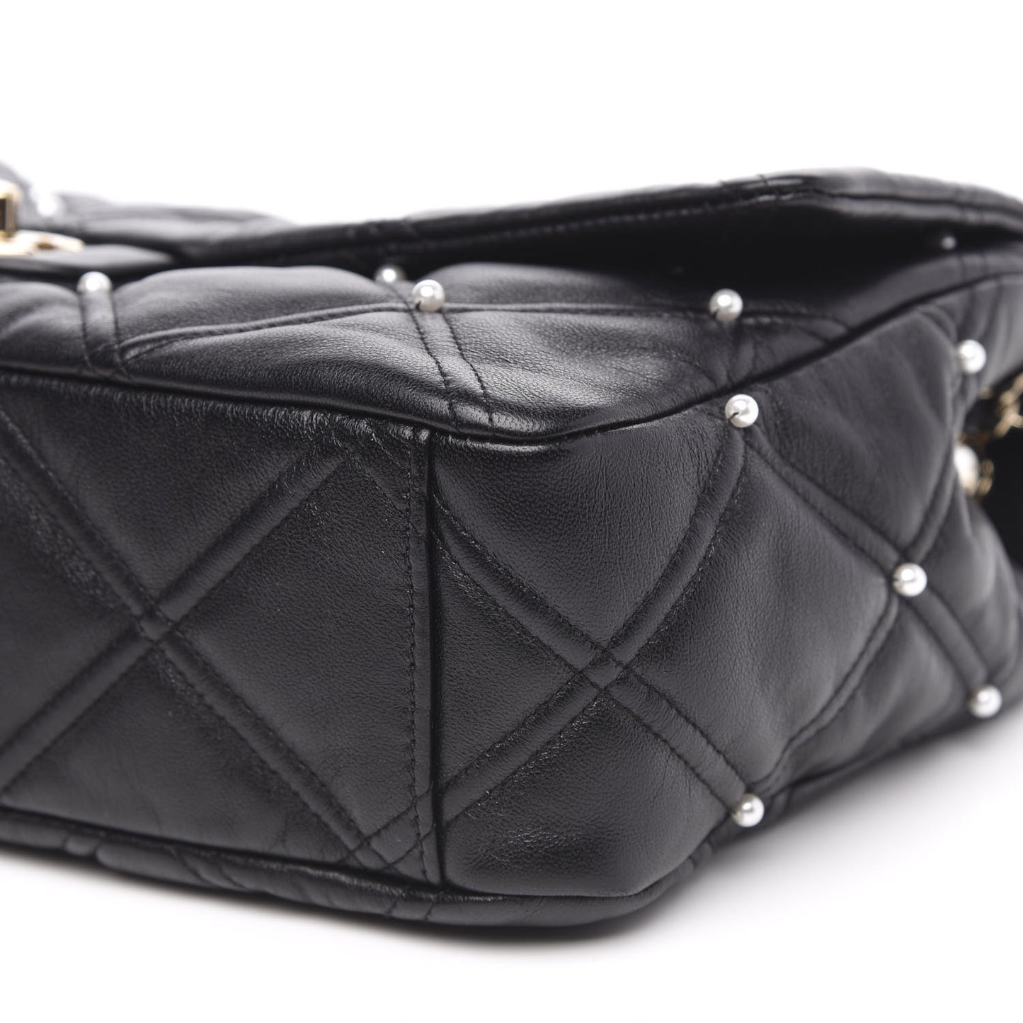Lambskin Quilted Pearl Studded Flap Black
