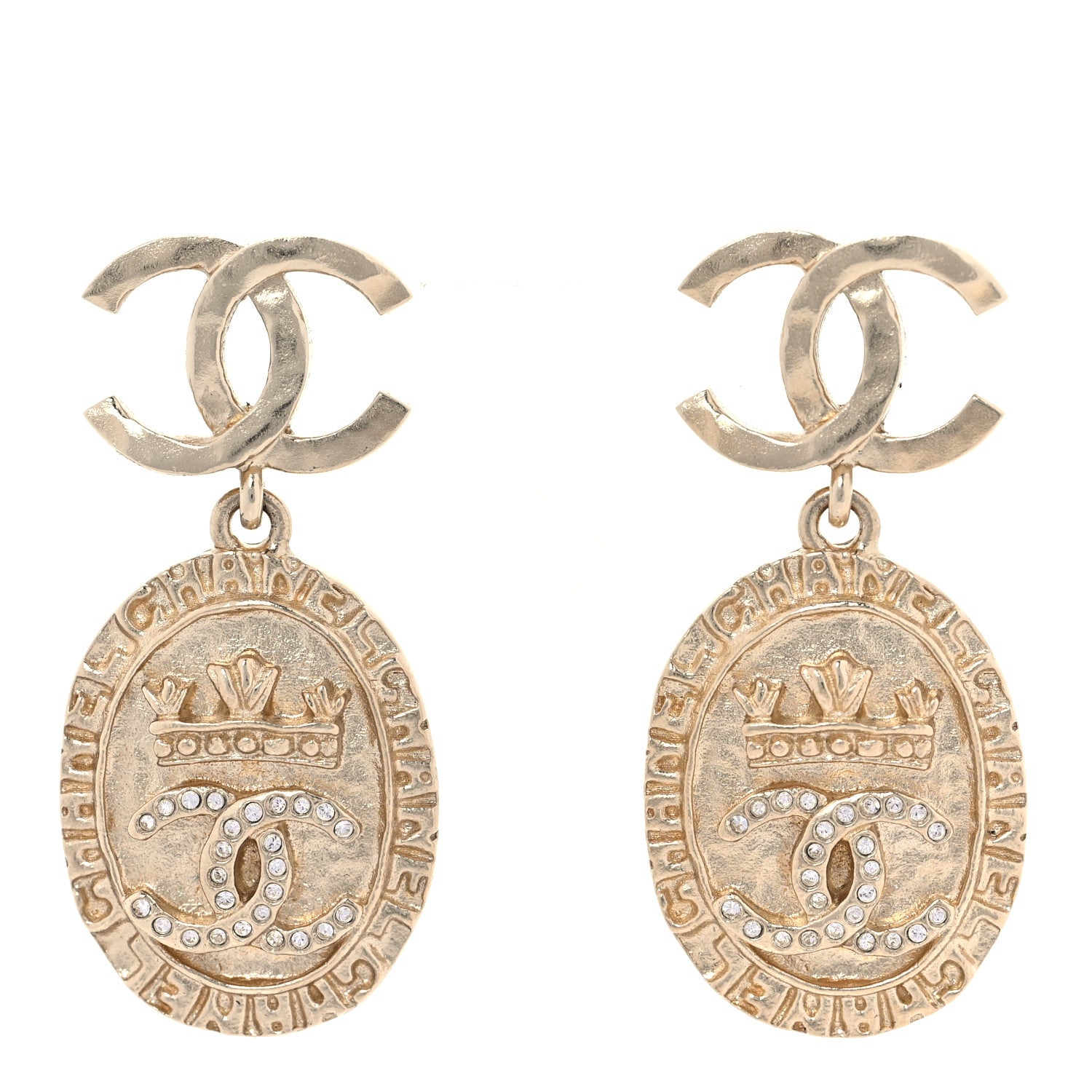 Chanel Crystal CC Medallion Drop Earrings Gold 1 of 6